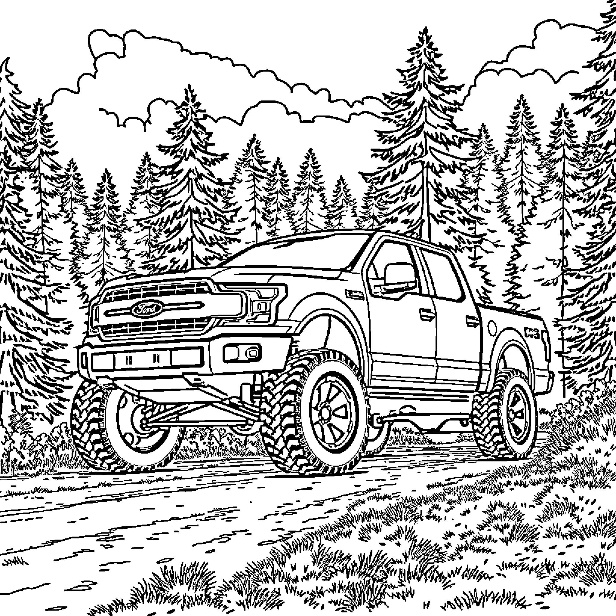Truck driving through rugged forest landscape Coloring Page (free black-and-white line drawing printable PDF for all, from beginners to advanced learners, including children, teens, adults, and seniors)