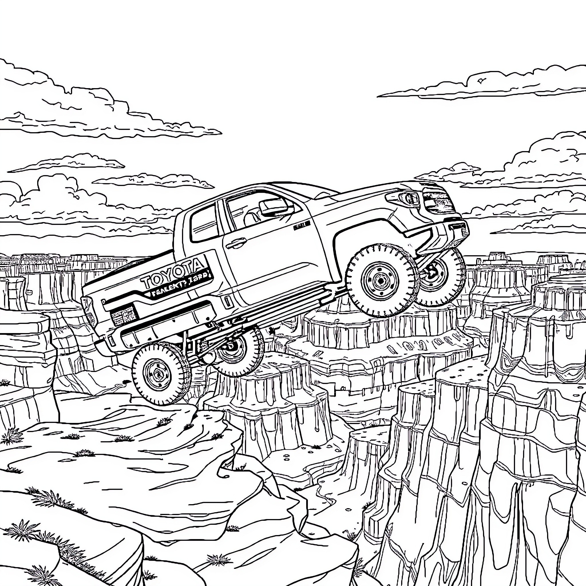 Toyota Tundra Navigating Rugged Terrain Coloring Page (free black-and-white line drawing printable PDF for all, from beginners to advanced learners, including children, teens, adults, and seniors)