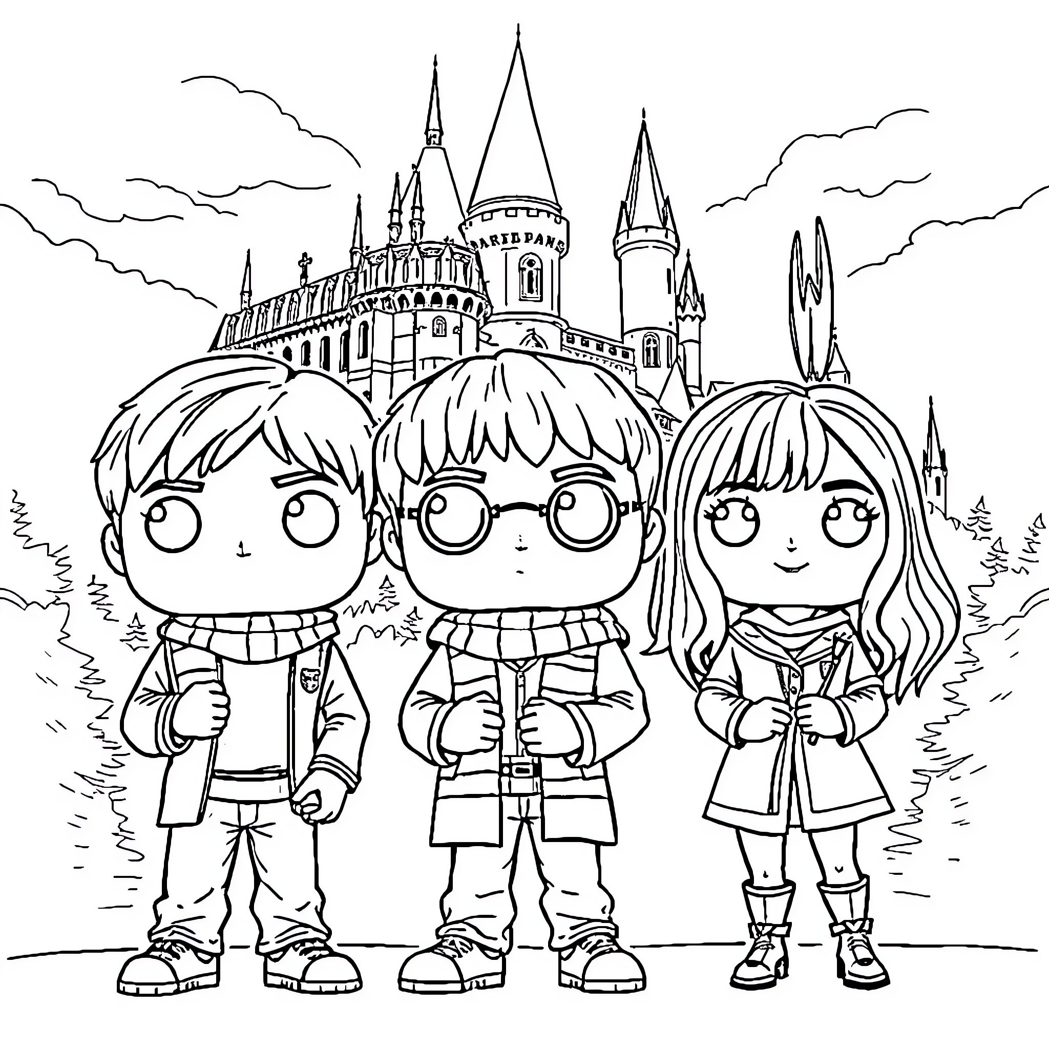 Golden Trio Adventuring at the Magical Castle Coloring Page (free black-and-white line drawing printable PDF for all, from beginners to advanced learners, including children, teens, adults, and seniors)