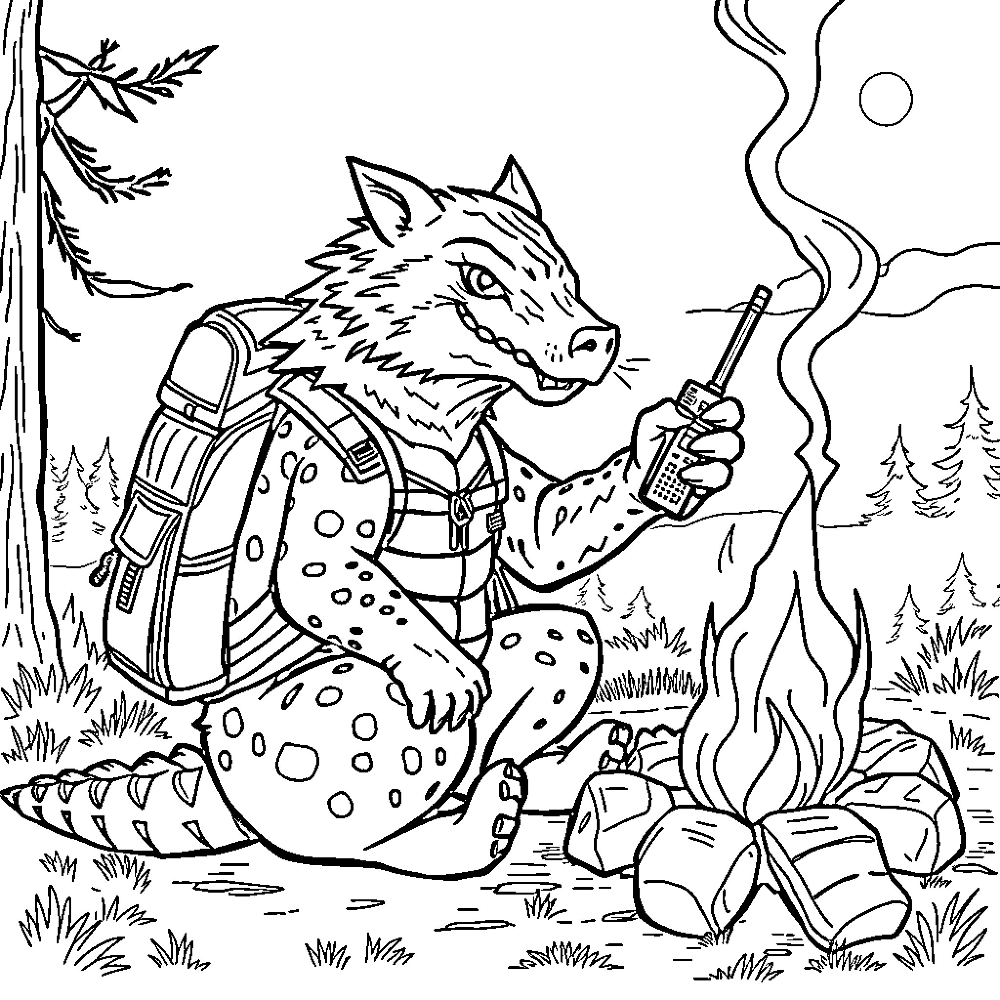 Razorback camping in the wilderness with campfire Coloring Page (free black-and-white line drawing printable PDF for all, from beginners to advanced learners, including children, teens, adults, and seniors)