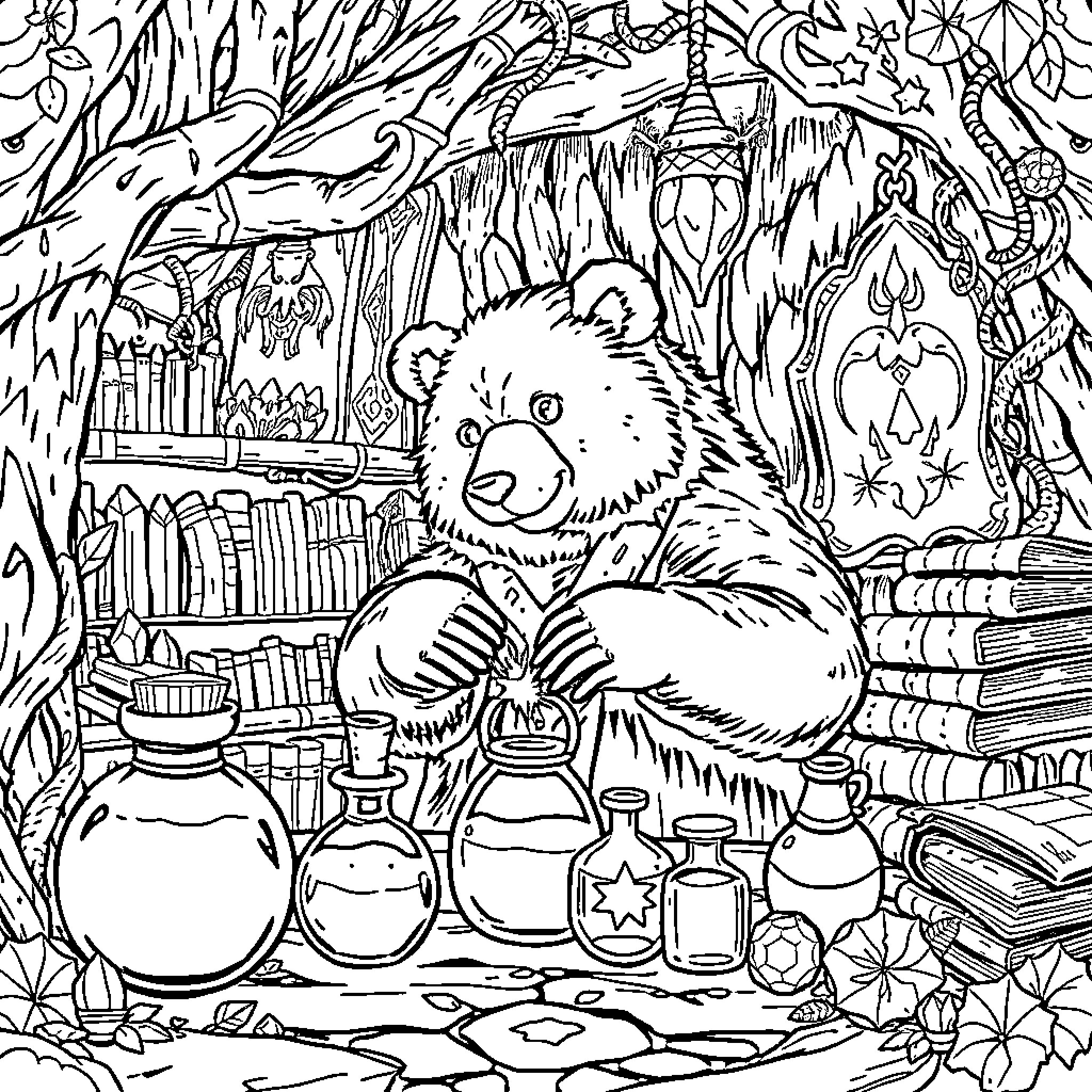 Bear exploring a magical forest library Coloring Page (free black-and-white line drawing printable PDF for all, from beginners to advanced learners, including children, teens, adults, and seniors)
