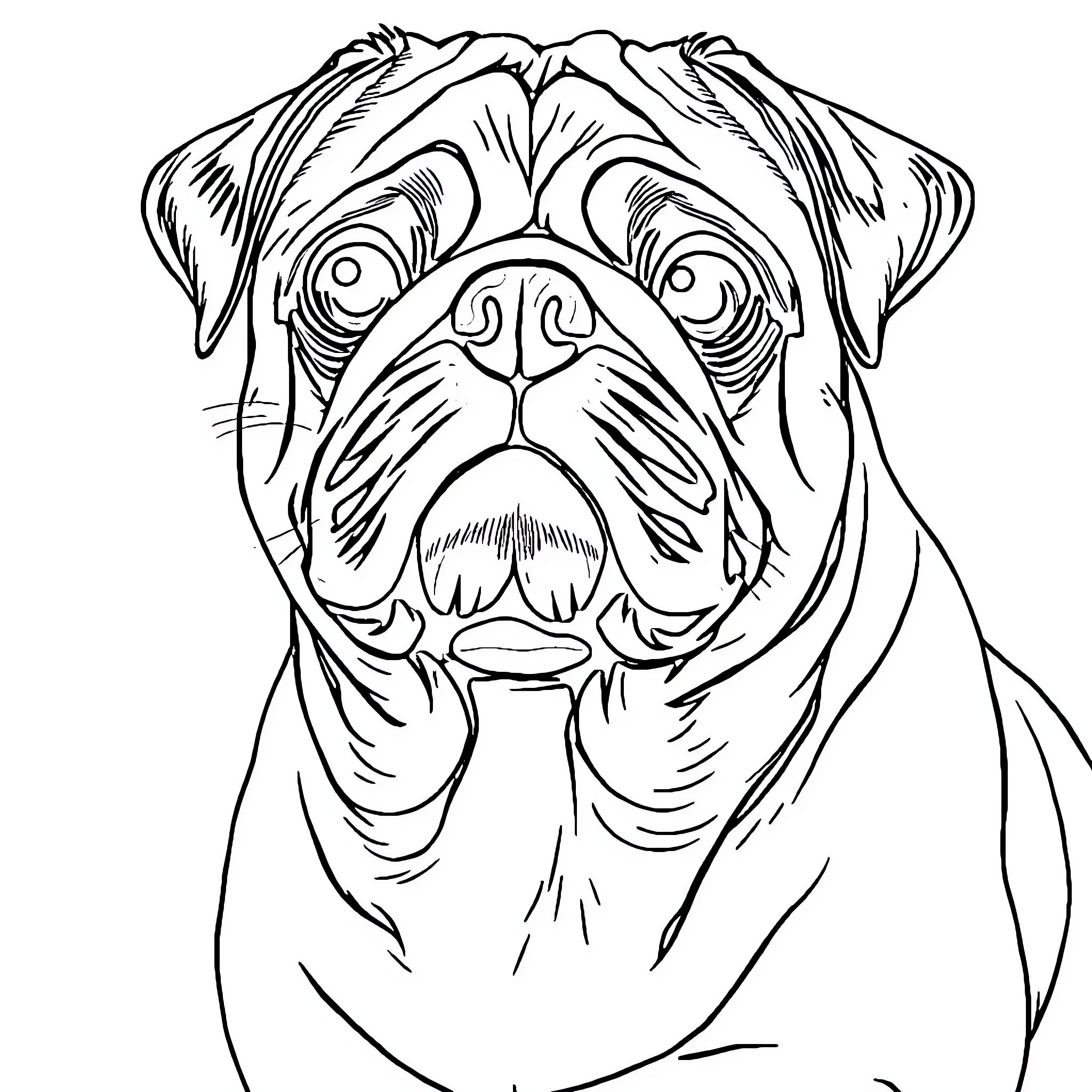 Pug with expressive face Coloring Page (free black-and-white line drawing printable PDF for all, from beginners to advanced learners, including children, teens, adults, and seniors)