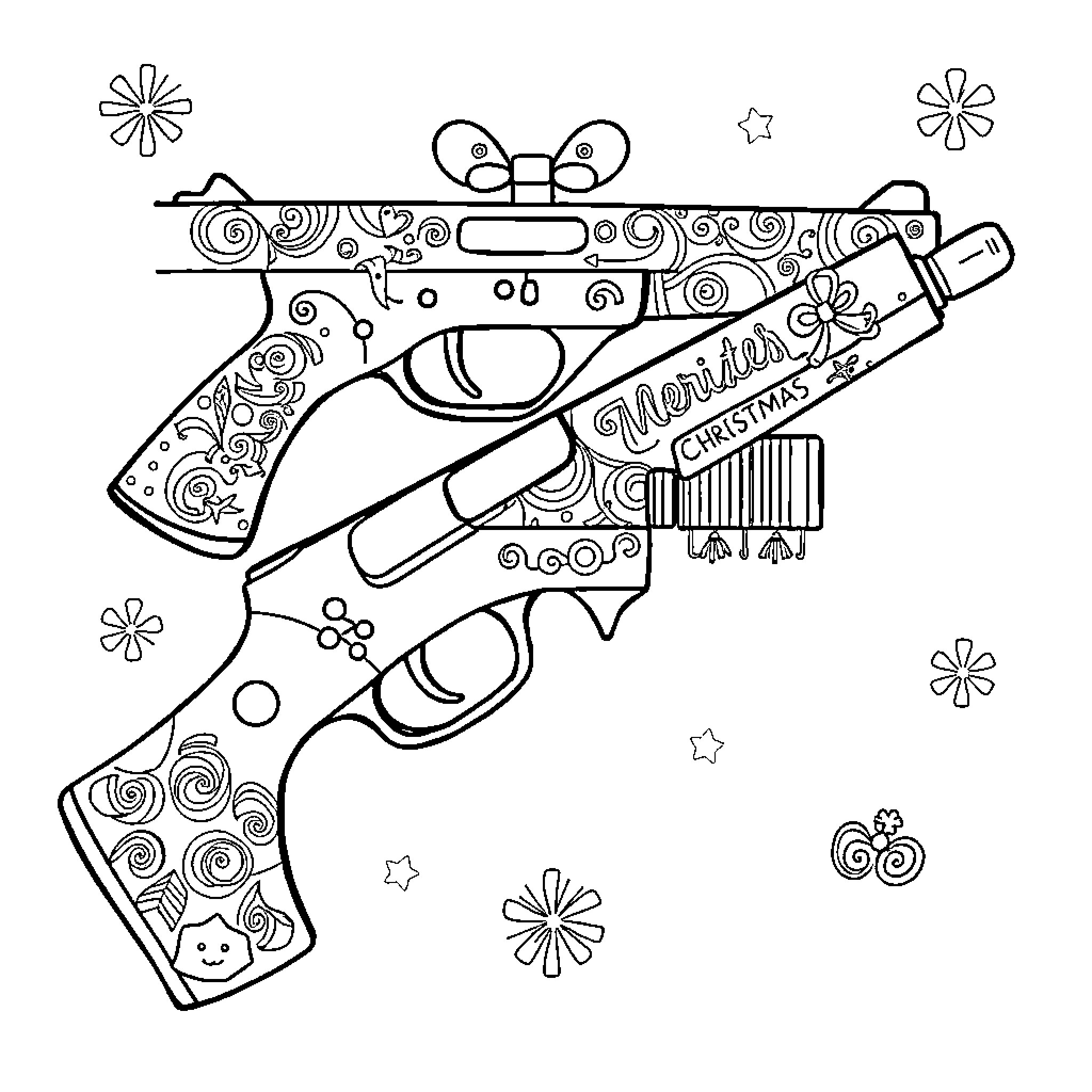 Gun with festive decorations and patterns Coloring Page (free black-and-white line drawing printable PDF for all, from beginners to advanced learners, including children, teens, adults, and seniors)