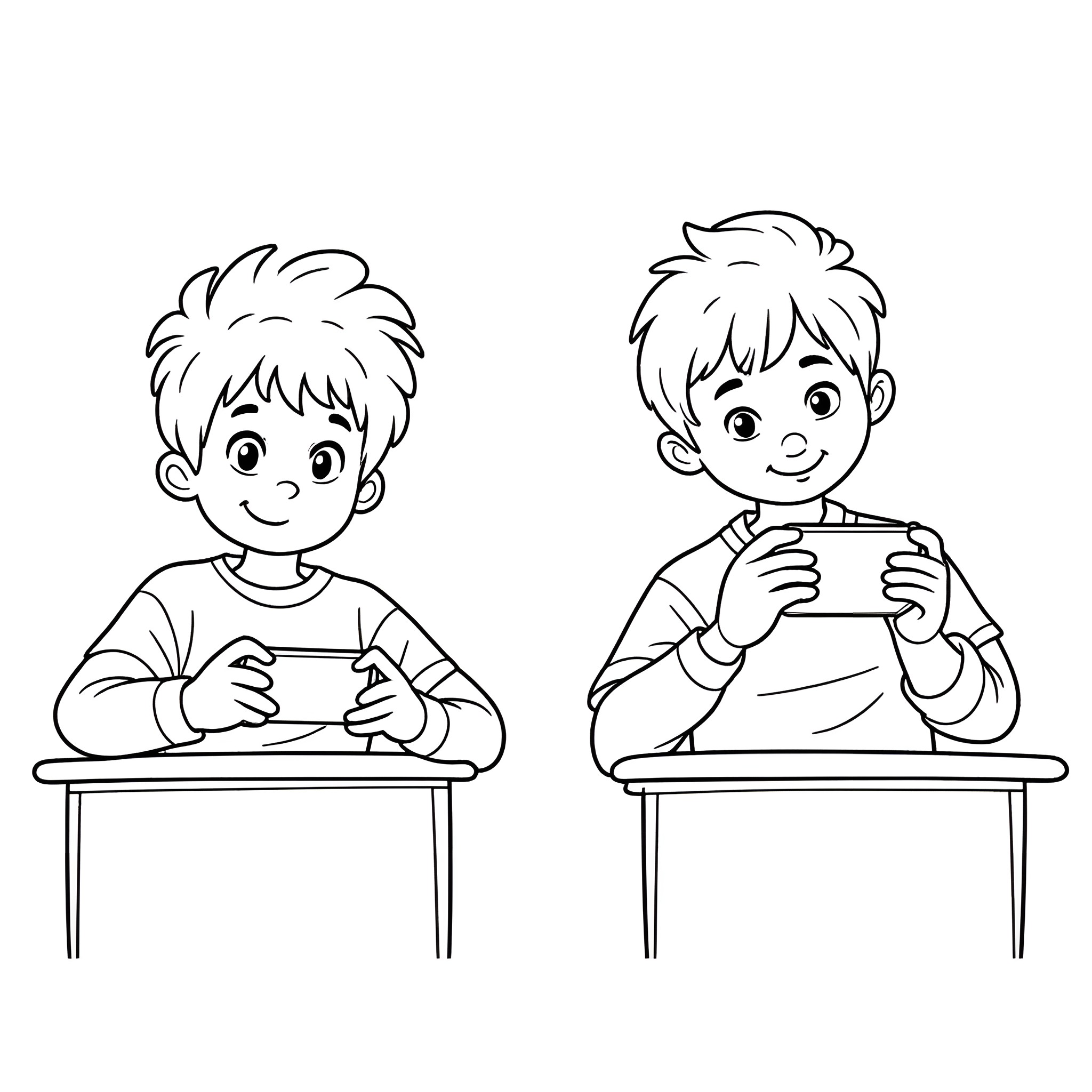 Boys playing video games in the classroom Coloring Page (free black-and-white line drawing printable PDF for all, from beginners to advanced learners, including children, teens, adults, and seniors)