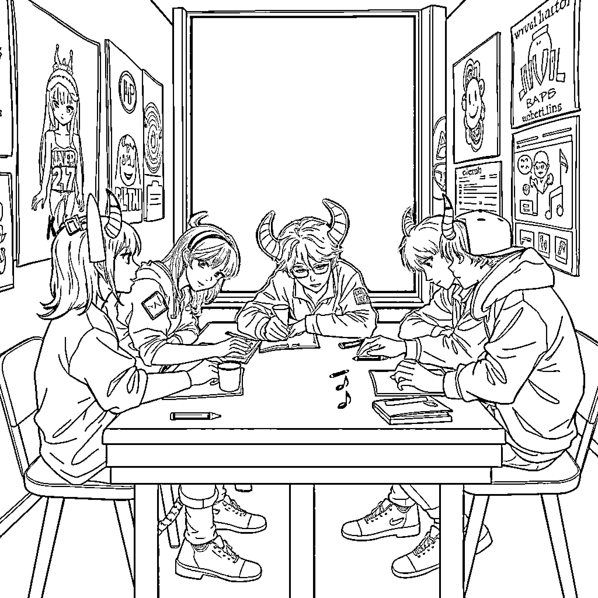 Demonhunter team strategizing mission in their office Coloring Page (free black-and-white line drawing printable PDF for all, from beginners to advanced learners, including children, teens, adults, and seniors)