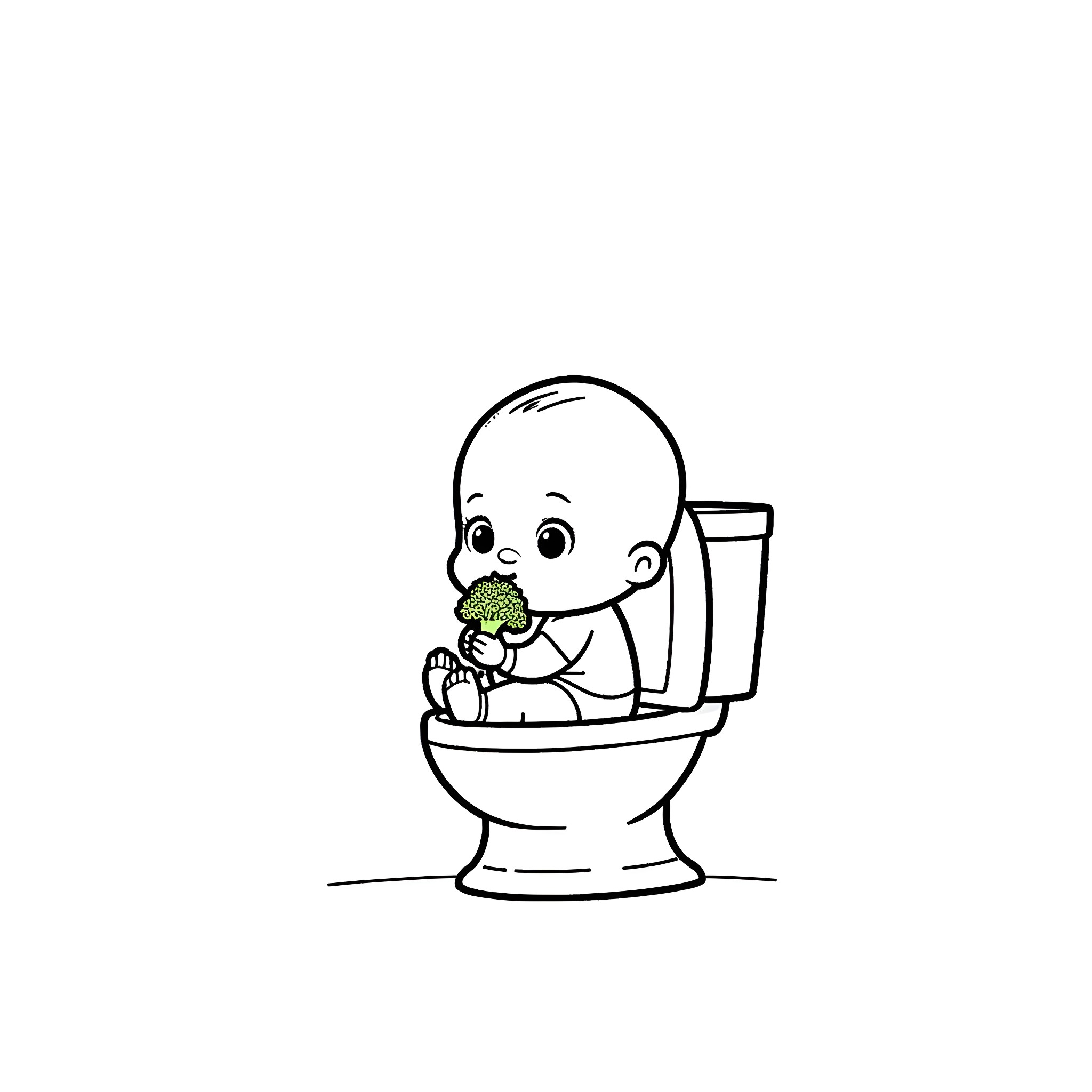 Boss Baby enjoying broccoli on the toilet Coloring Page (free black-and-white line drawing printable PDF for all, from beginners to advanced learners, including children, teens, adults, and seniors)