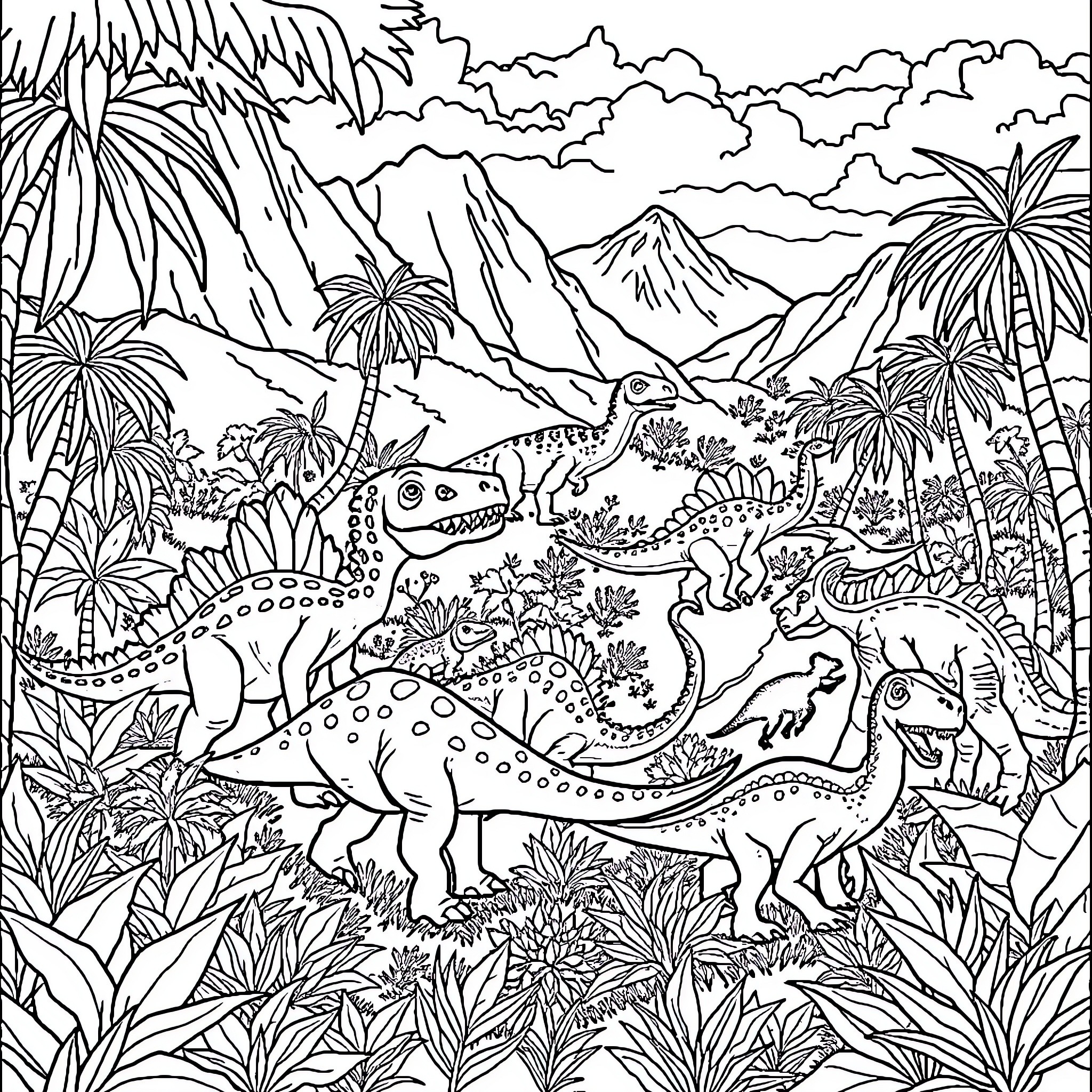 Dino Dinosaurs Roaming in Lush Prehistoric Landscape Coloring Page (free black-and-white line drawing printable PDF for all, from beginners to advanced learners, including children, teens, adults, and seniors)