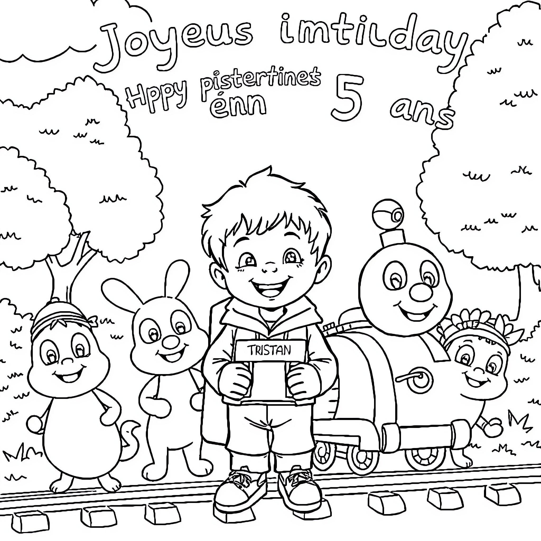 Chase with Cartoon Characters in a Cheerful Scene Coloring Page (free black-and-white line drawing printable PDF for all, from beginners to advanced learners, including children, teens, adults, and seniors)