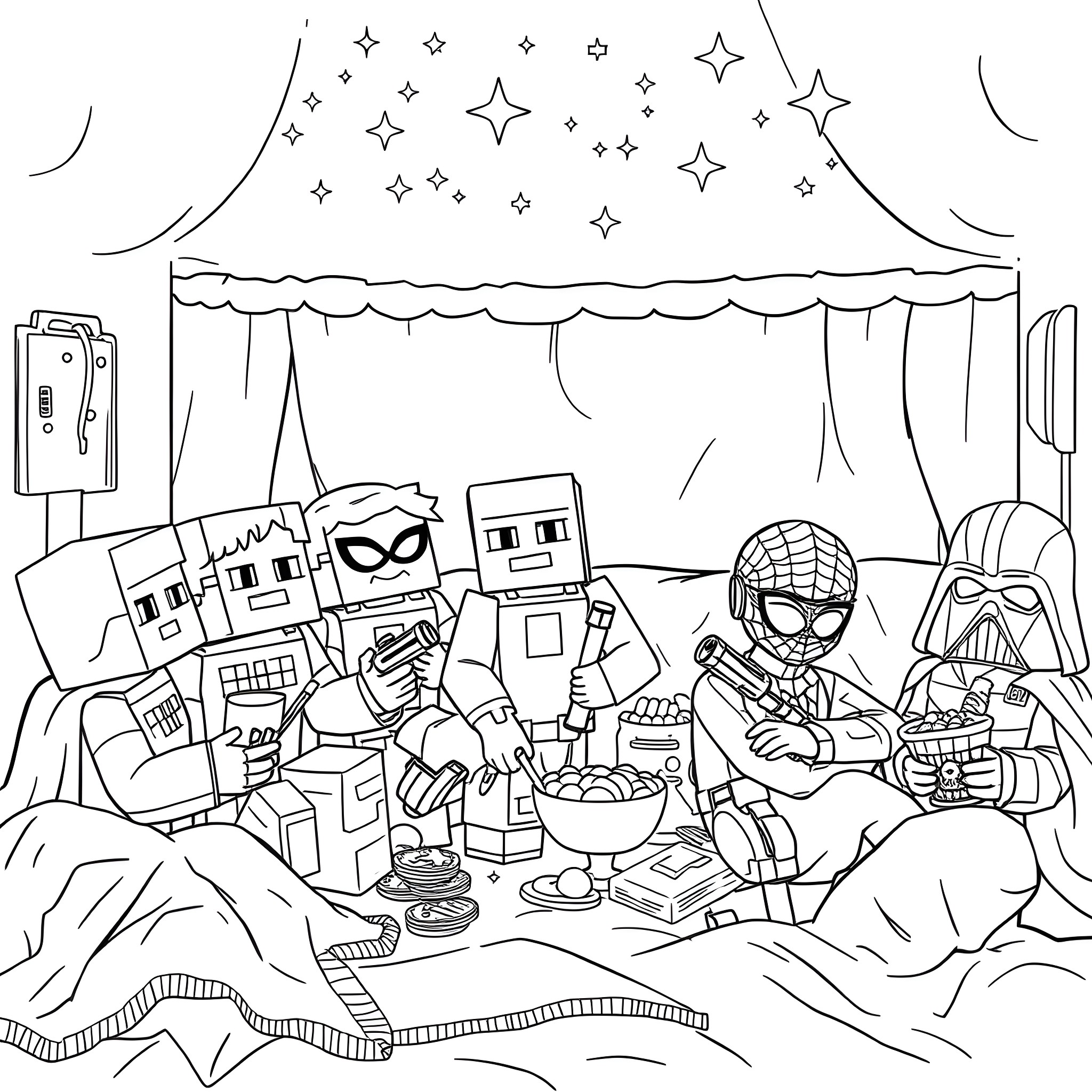 Minecraft characters having a party under the starry night Coloring Page (free black-and-white line drawing printable PDF for all, from beginners to advanced learners, including children, teens, adults, and seniors)
