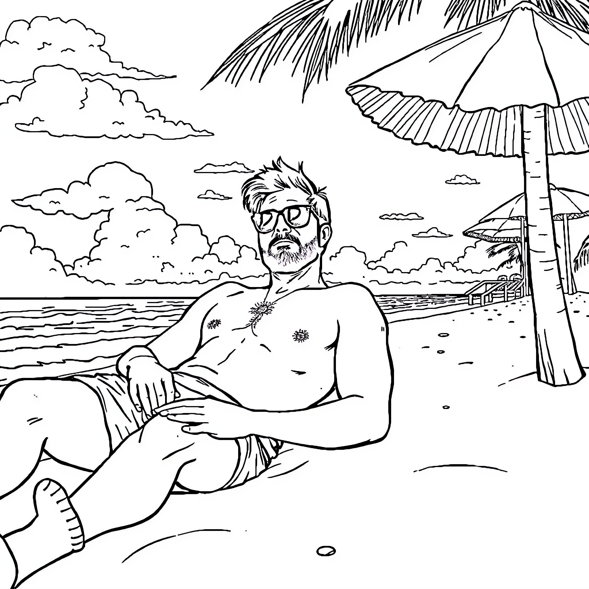Leon relaxing on the beach under a palm tree Coloring Page (free black-and-white line drawing printable PDF for all, from beginners to advanced learners, including children, teens, adults, and seniors)
