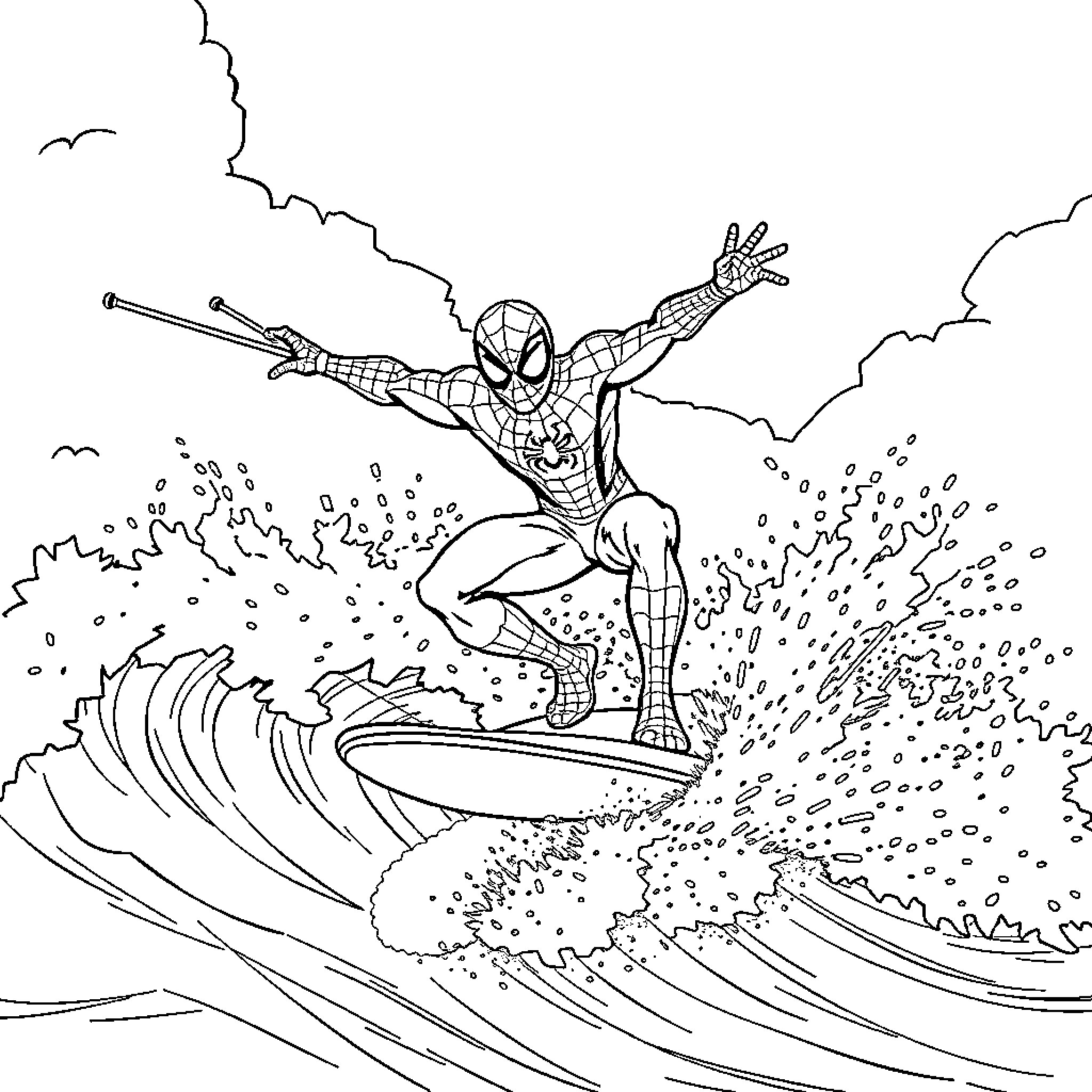Spiderman surfing through the waves Coloring Page (free black-and-white line drawing printable PDF for all, from beginners to advanced learners, including children, teens, adults, and seniors)