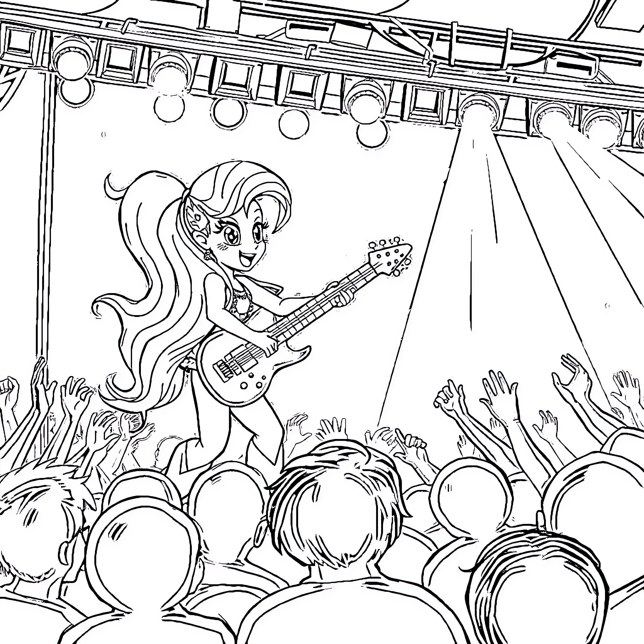 Sunset Shimmer Performs on Stage for Cheering Crowd Coloring Page (free black-and-white line drawing printable PDF for all, from beginners to advanced learners, including children, teens, adults, and seniors)