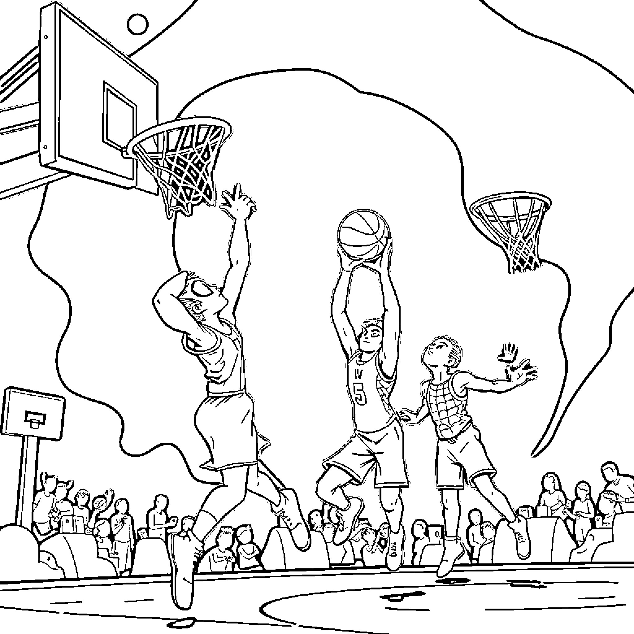 Spin of Basketball Players in the Game Coloring Page (free black-and-white line drawing printable PDF for all, from beginners to advanced learners, including children, teens, adults, and seniors)