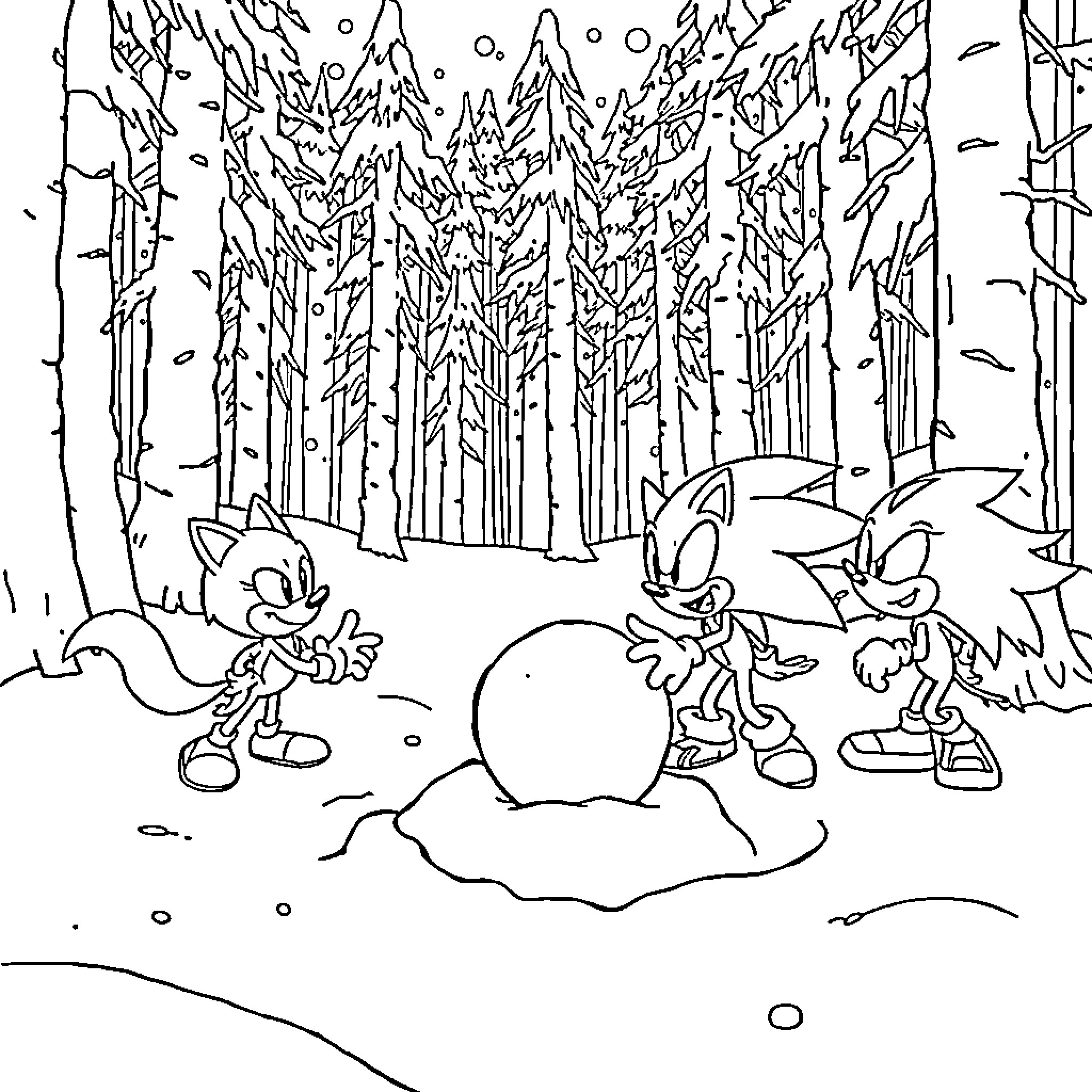 Sonic and friends exploring a snowy forest scene Coloring Page (free black-and-white line drawing printable PDF for all, from beginners to advanced learners, including children, teens, adults, and seniors)