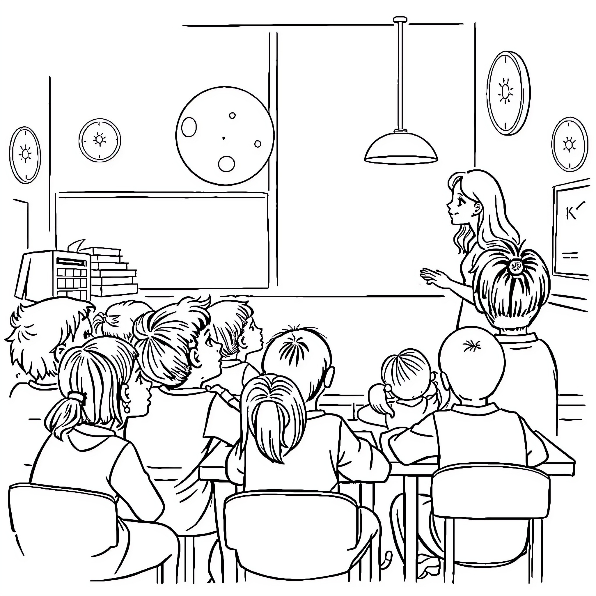 Child learning in classroom with peers Coloring Page (free black-and-white line drawing printable PDF for all, from beginners to advanced learners, including children, teens, adults, and seniors)