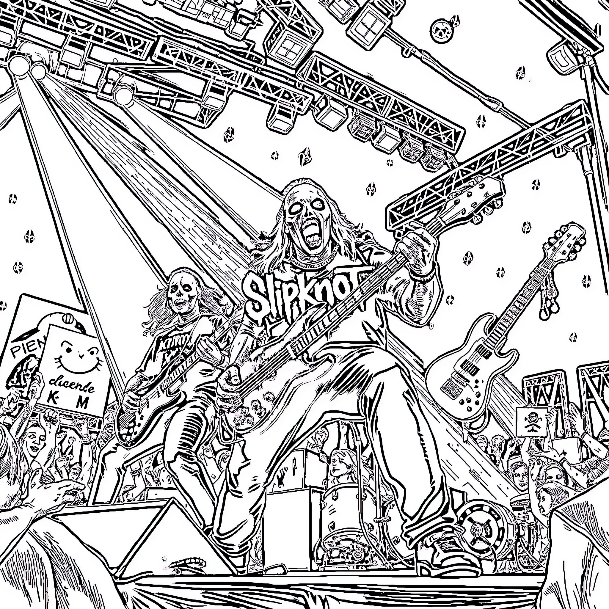 Slipknot: Intense Performance on Stage Coloring Page (free black-and-white line drawing printable PDF for all, from beginners to advanced learners, including children, teens, adults, and seniors)