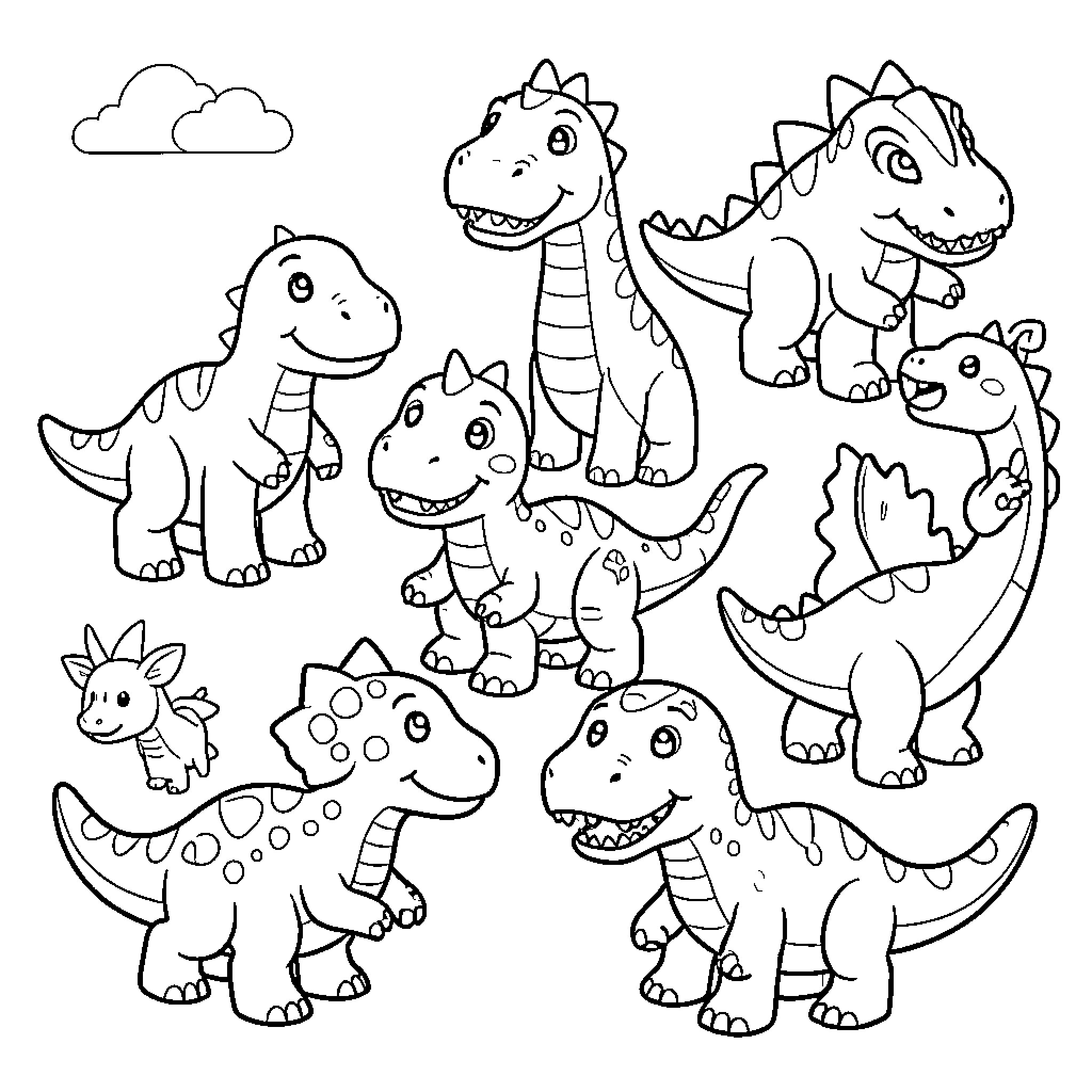 Dinosaur group smiling and playing together in a scene Coloring Page (free black-and-white line drawing printable PDF for all, from beginners to advanced learners, including children, teens, adults, and seniors)