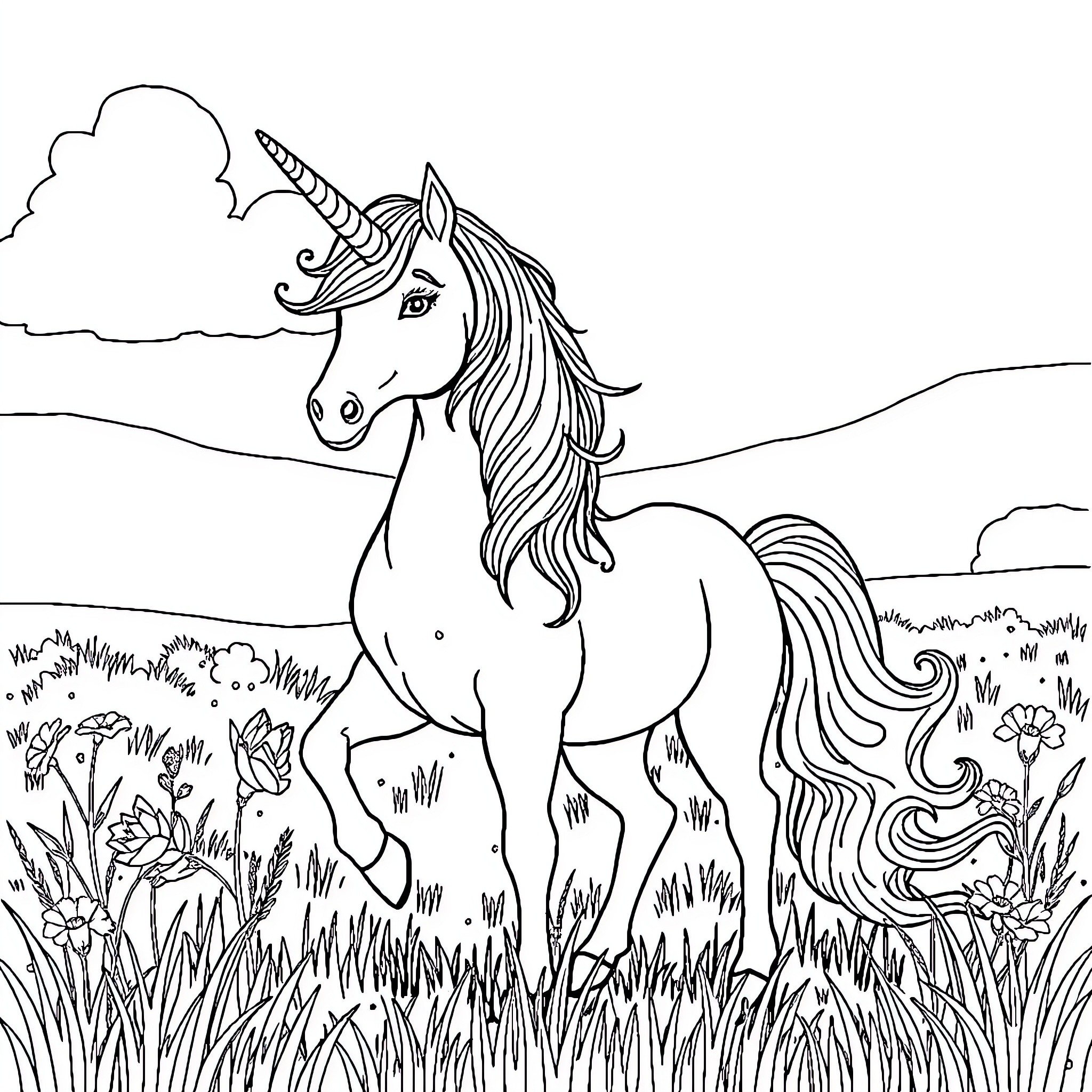 Unicorn gracefully roaming through a lush meadow Coloring Page (free black-and-white line drawing printable PDF for all, from beginners to advanced learners, including children, teens, adults, and seniors)