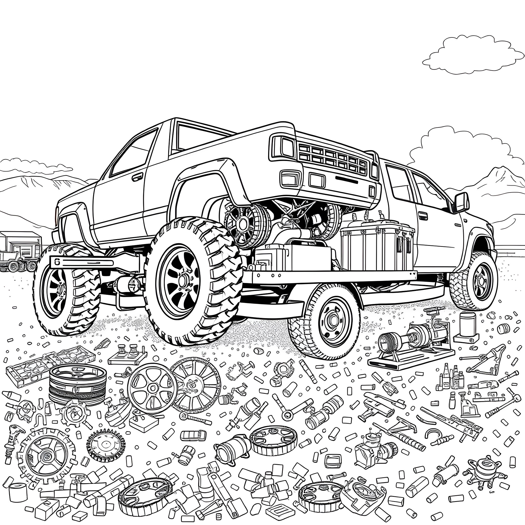 Car Trailer Loaded with Auto Parts and Accessories Coloring Page (free black-and-white line drawing printable PDF for all, from beginners to advanced learners, including children, teens, adults, and seniors)