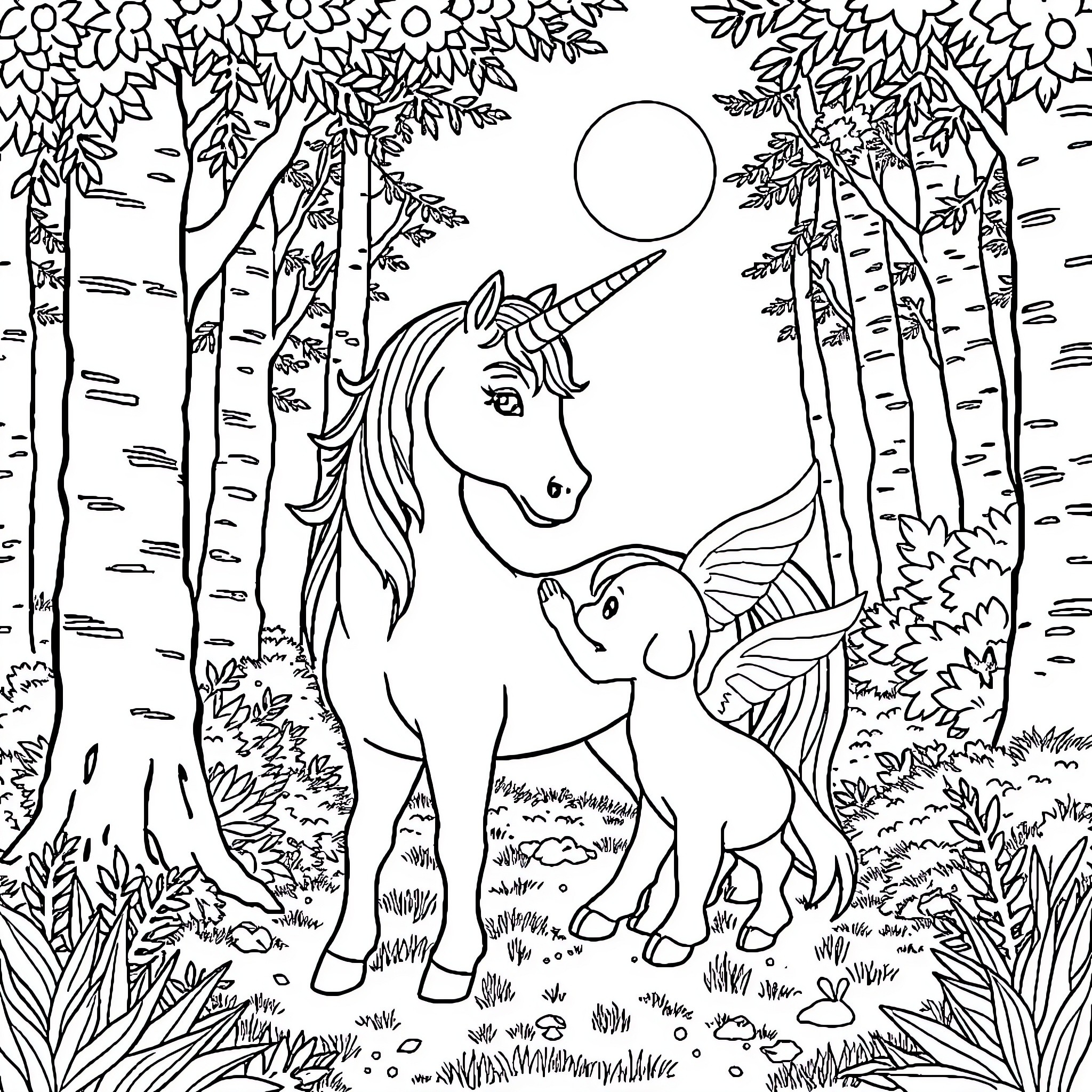 Unicorn and Baby Unicorn in Enchanted Forest Coloring Page (free black-and-white line drawing printable PDF for all, from beginners to advanced learners, including children, teens, adults, and seniors)