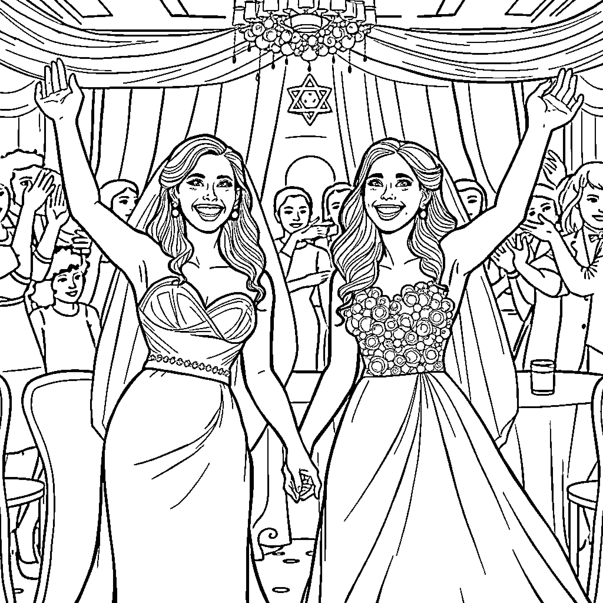 Bride's Joyful Celebration with Loved Ones Coloring Page (free black-and-white line drawing printable PDF for all, from beginners to advanced learners, including children, teens, adults, and seniors)