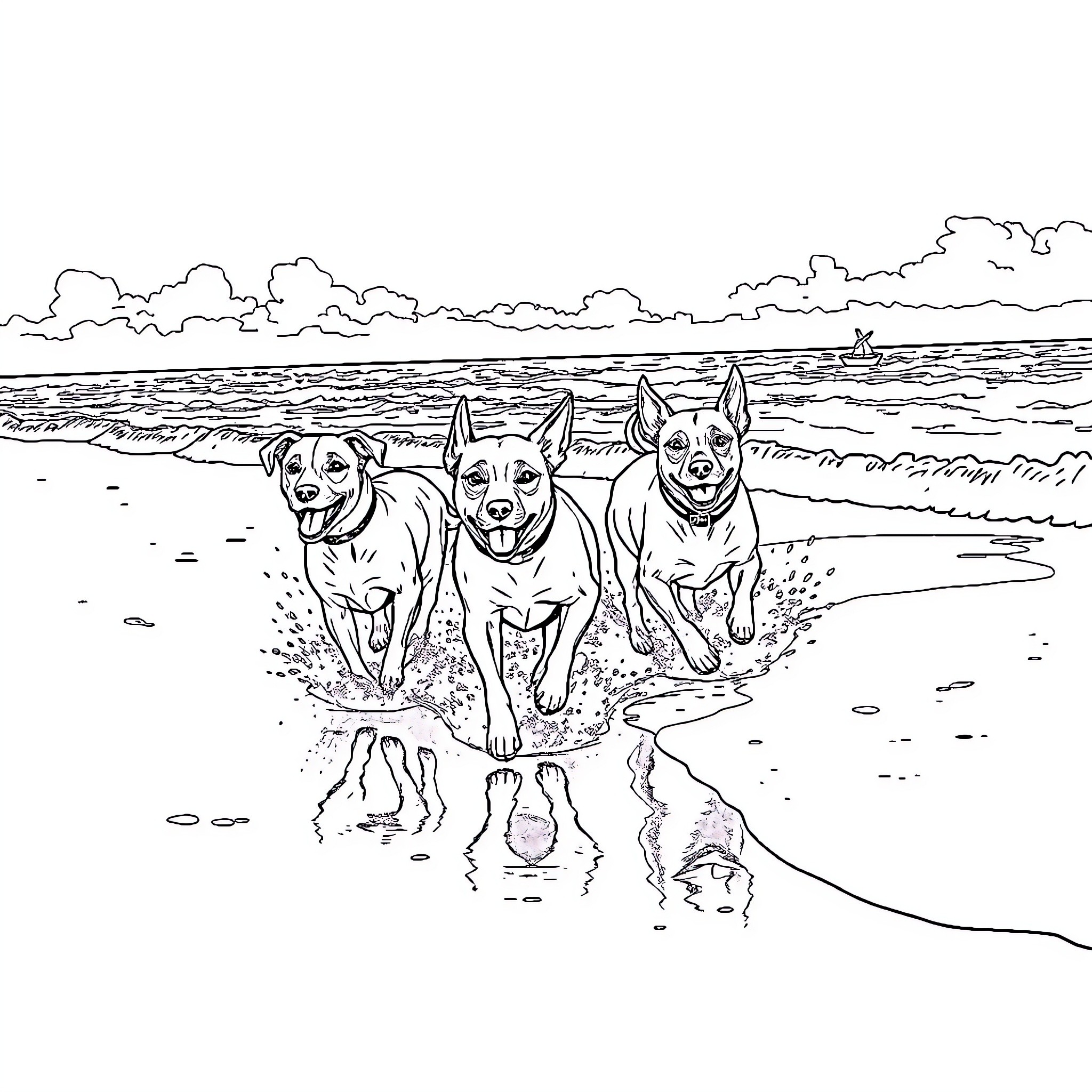 Dog trio running happily on the beach Coloring Page (free black-and-white line drawing printable PDF for all, from beginners to advanced learners, including children, teens, adults, and seniors)