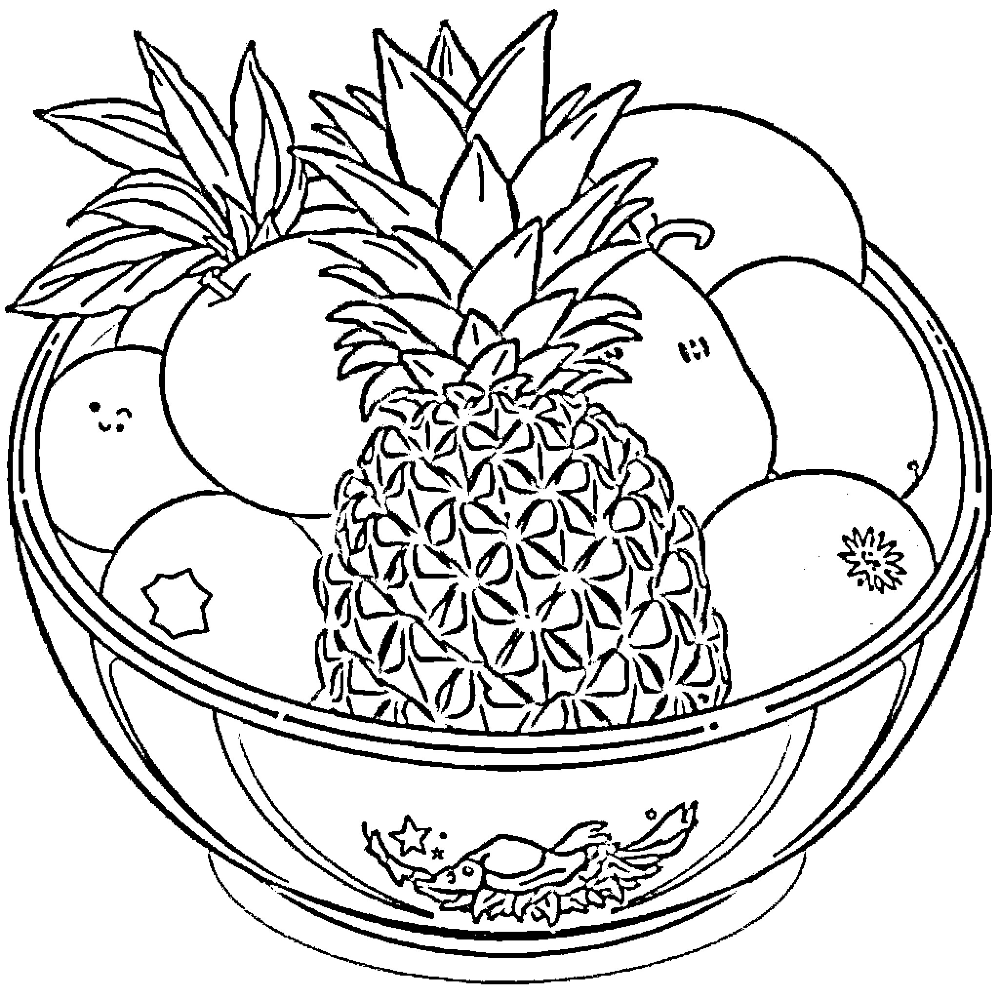 Pineapple and other fruits in a bowl Coloring Page (free black-and-white line drawing printable PDF for all, from beginners to advanced learners, including children, teens, adults, and seniors)