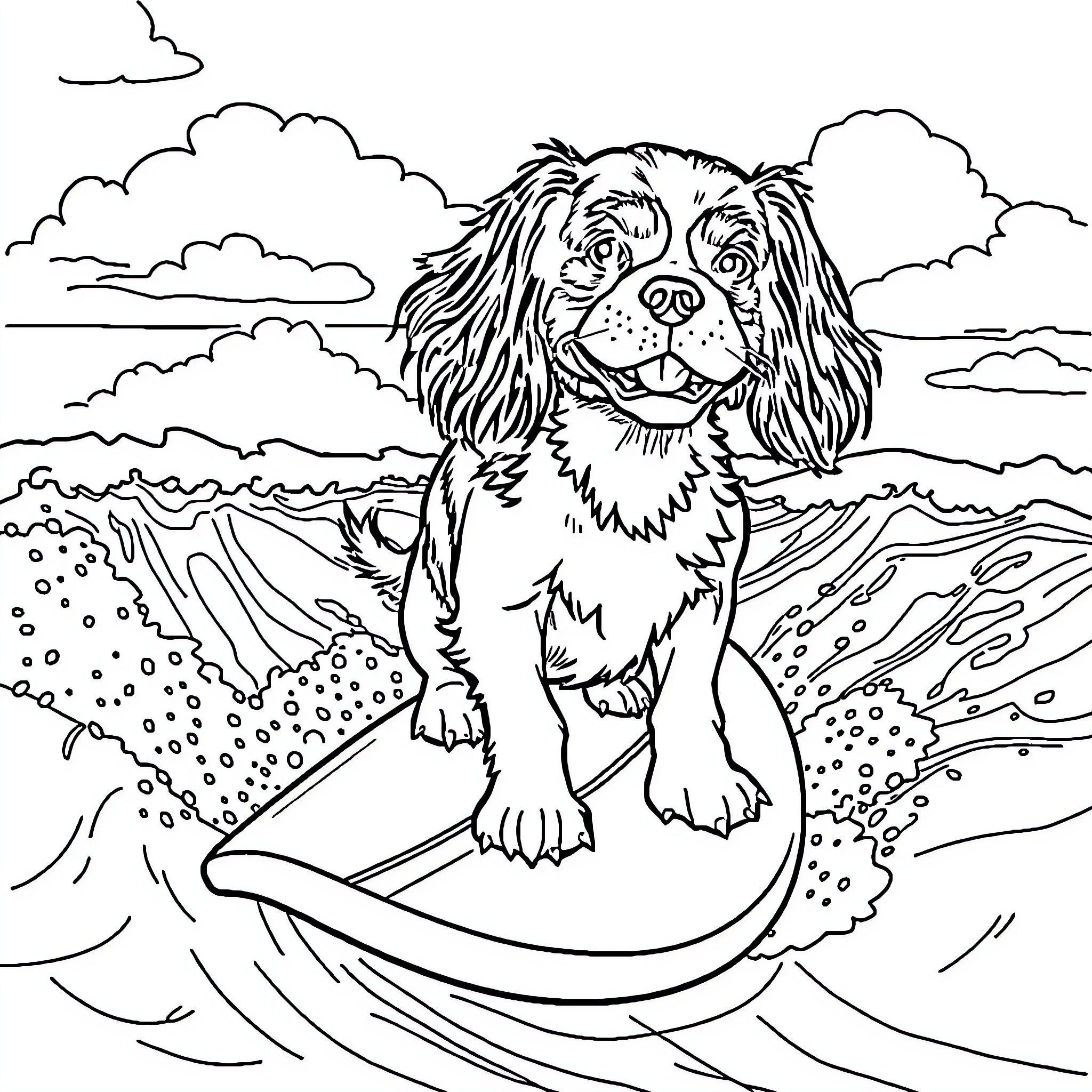 Cavalier King Dog surfing in the ocean Coloring Page (free black-and-white line drawing printable PDF for all, from beginners to advanced learners, including children, teens, adults, and seniors)