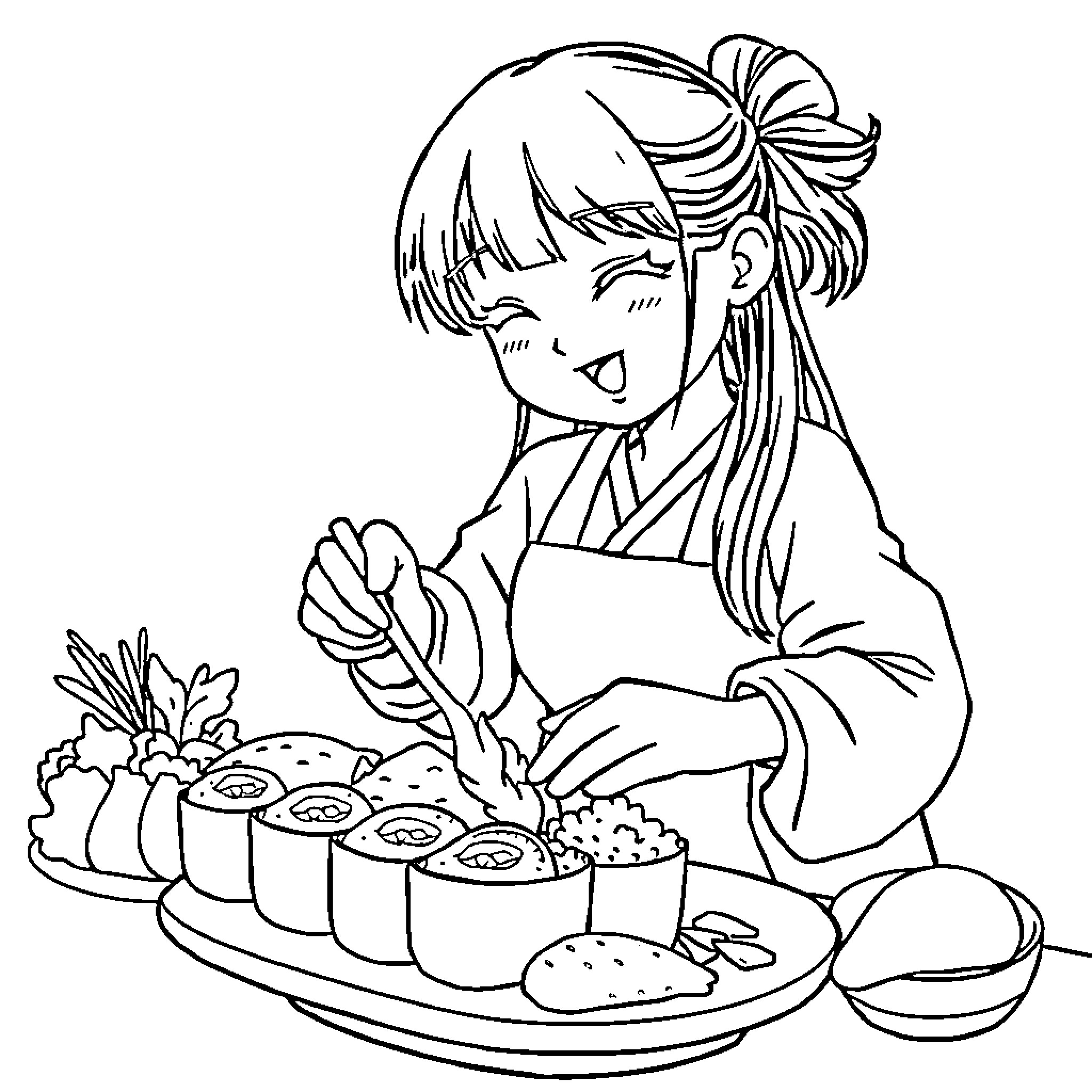 Kurimi enjoying a Japanese meal Coloring Page (free black-and-white line drawing printable PDF for all, from beginners to advanced learners, including children, teens, adults, and seniors)