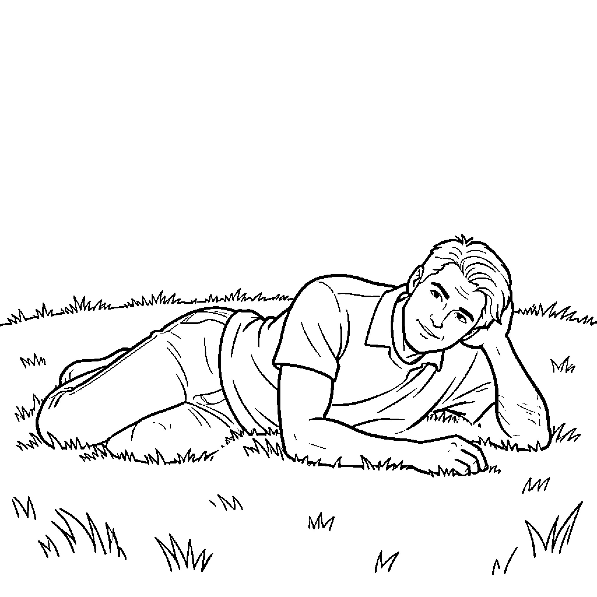 Alex Warren relaxing on the grass Coloring Page (free black-and-white line drawing printable PDF for all, from beginners to advanced learners, including children, teens, adults, and seniors)