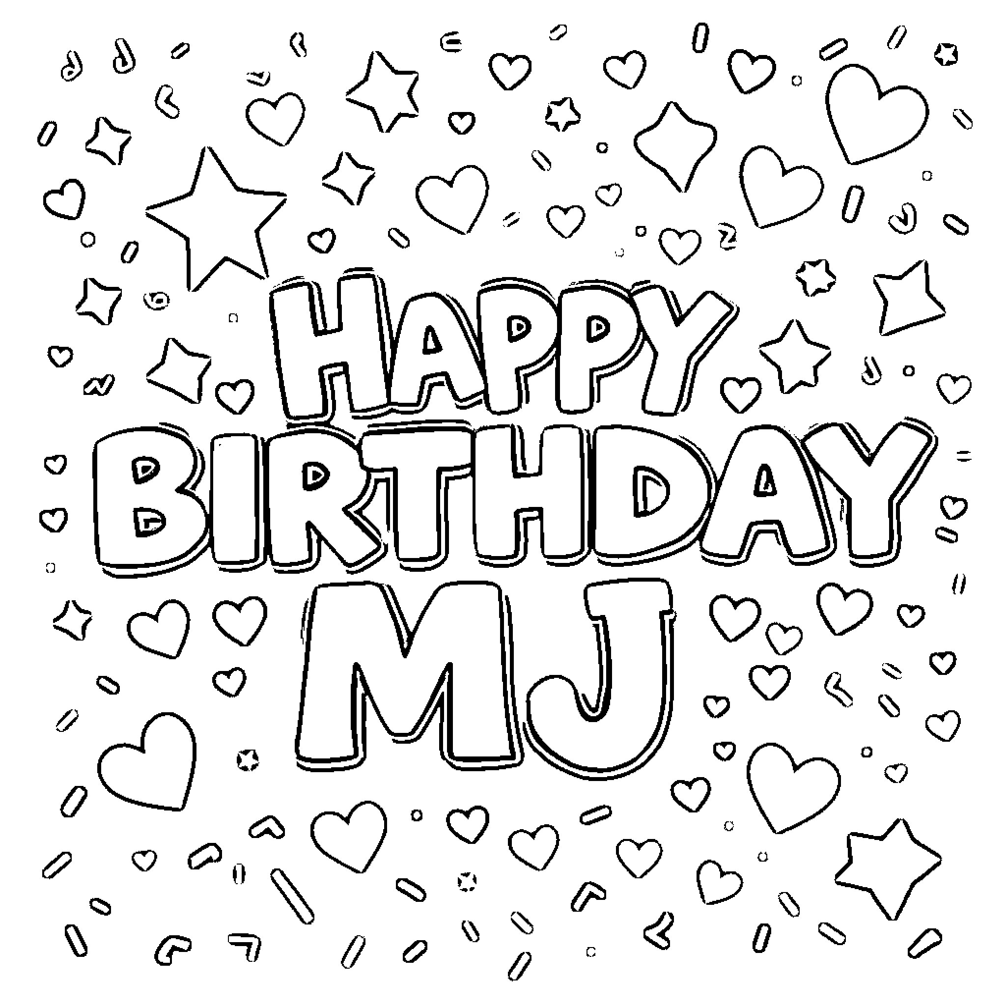 Birthday wishes with stars and hearts Coloring Page (free black-and-white line drawing printable PDF for all, from beginners to advanced learners, including children, teens, adults, and seniors)