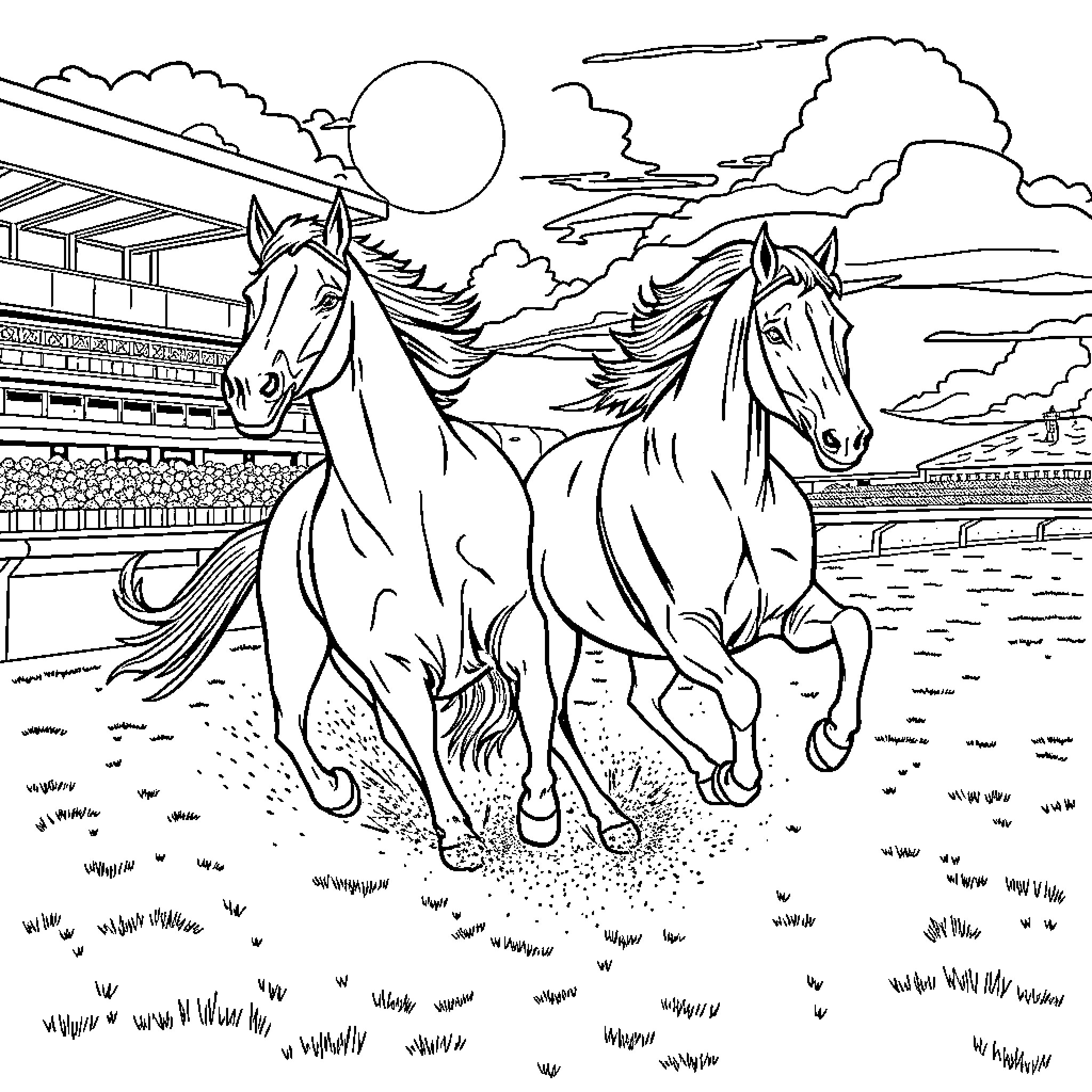 Horses racing gallantly in the field Coloring Page (free black-and-white line drawing printable PDF for all, from beginners to advanced learners, including children, teens, adults, and seniors)
