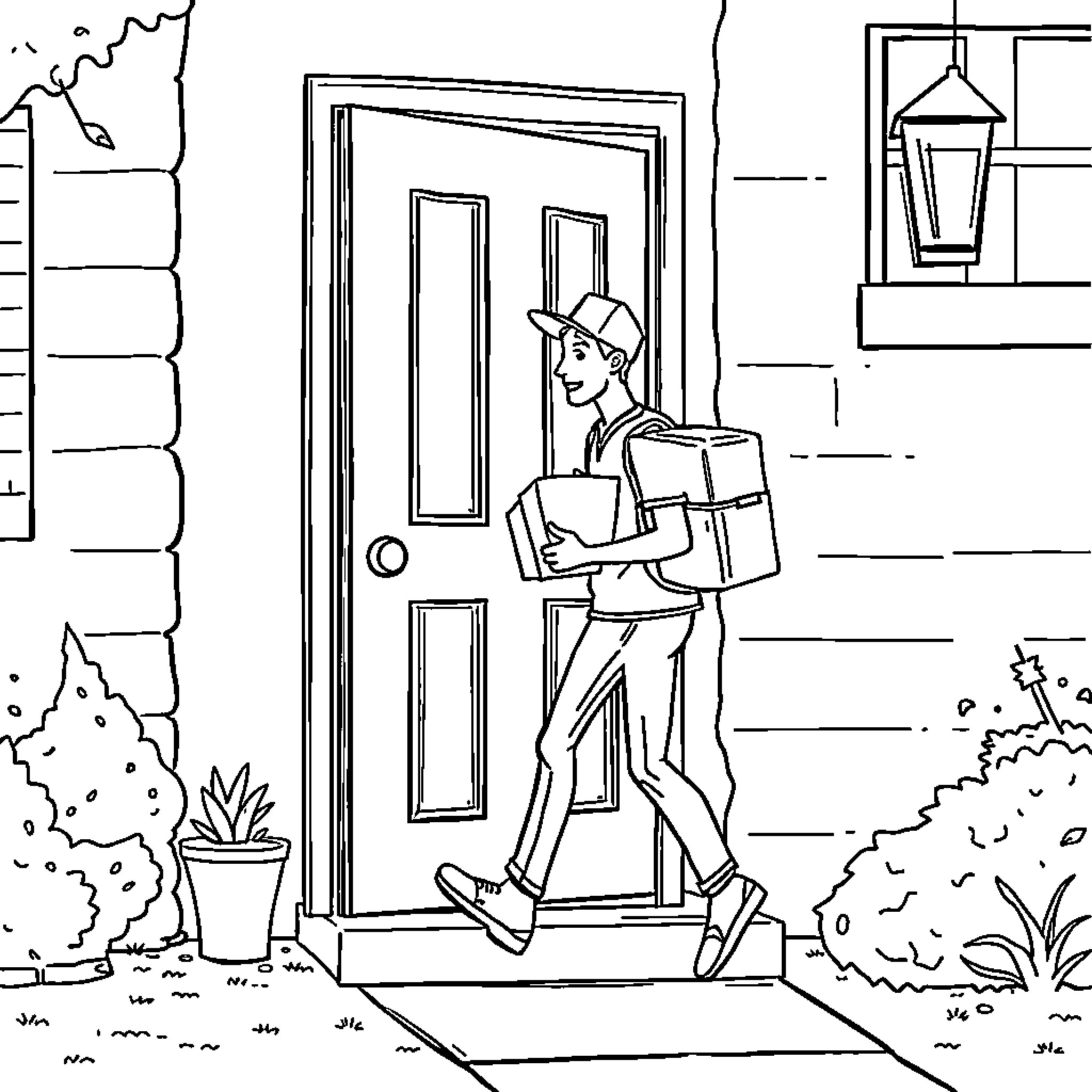 Door Dasher carrying packages to the door Coloring Page (free black-and-white line drawing printable PDF for all, from beginners to advanced learners, including children, teens, adults, and seniors)