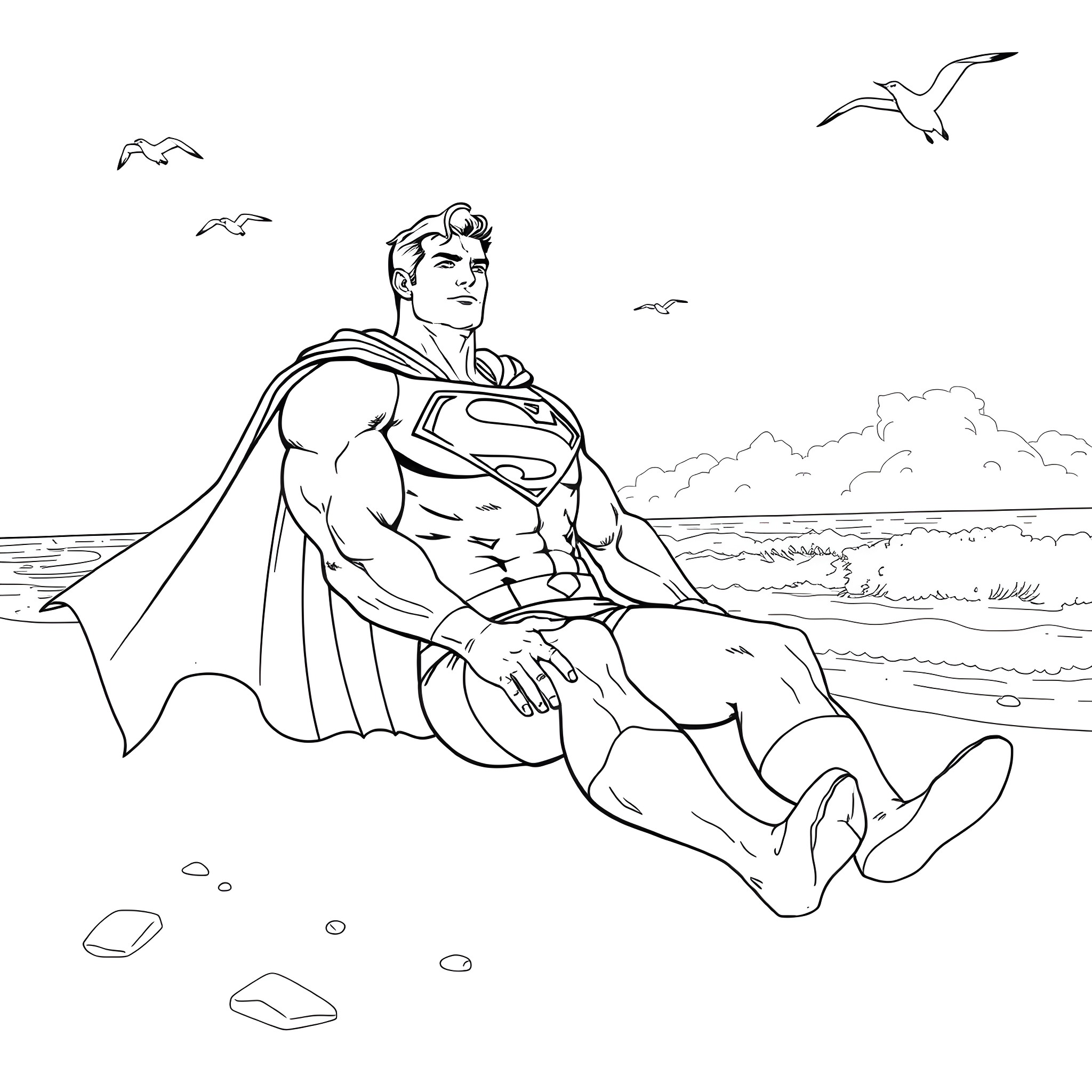 Superman relaxing on the beach Coloring Page (free black-and-white line drawing printable PDF for all, from beginners to advanced learners, including children, teens, adults, and seniors)