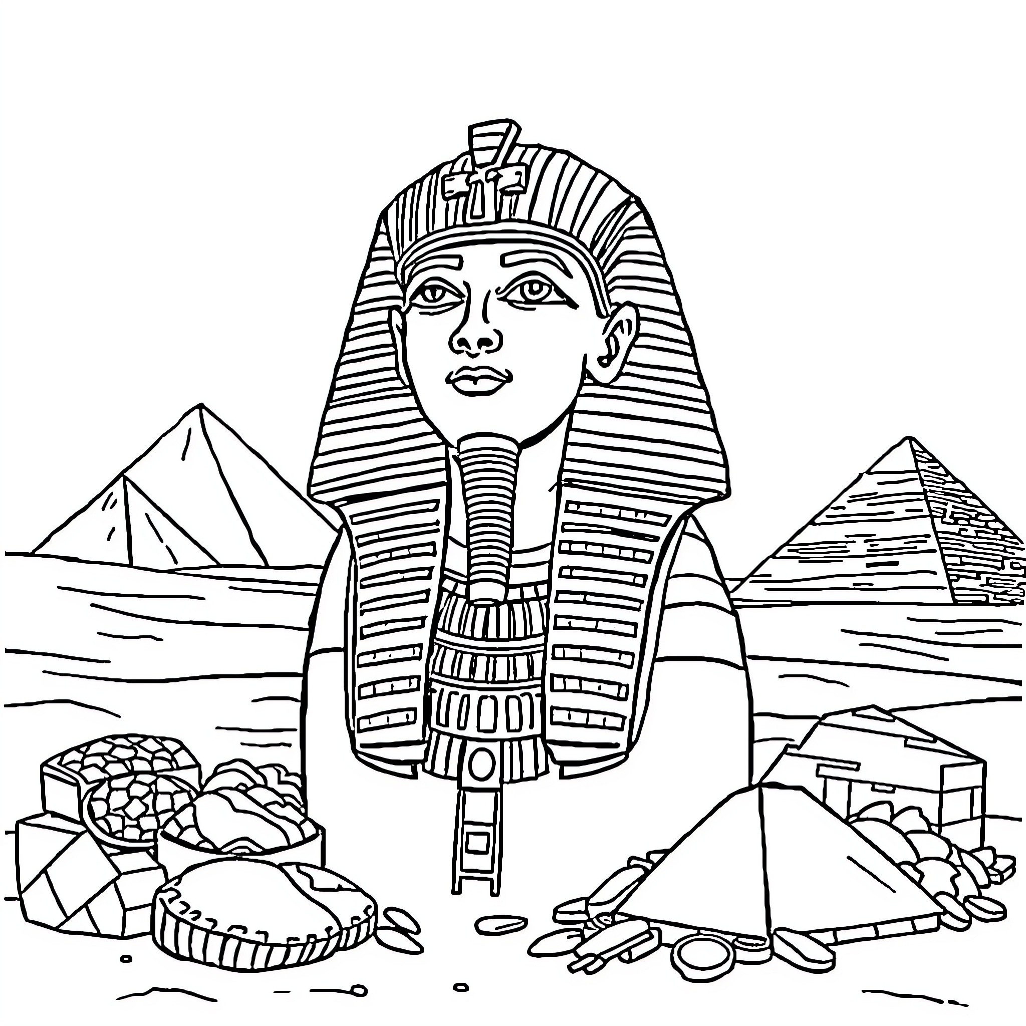 Tutankhamun's Treasures: Iconic Pharaoh Amid Egyptian Monuments Coloring Page (free black-and-white line drawing printable PDF for all, from beginners to advanced learners, including children, teens, adults, and seniors)