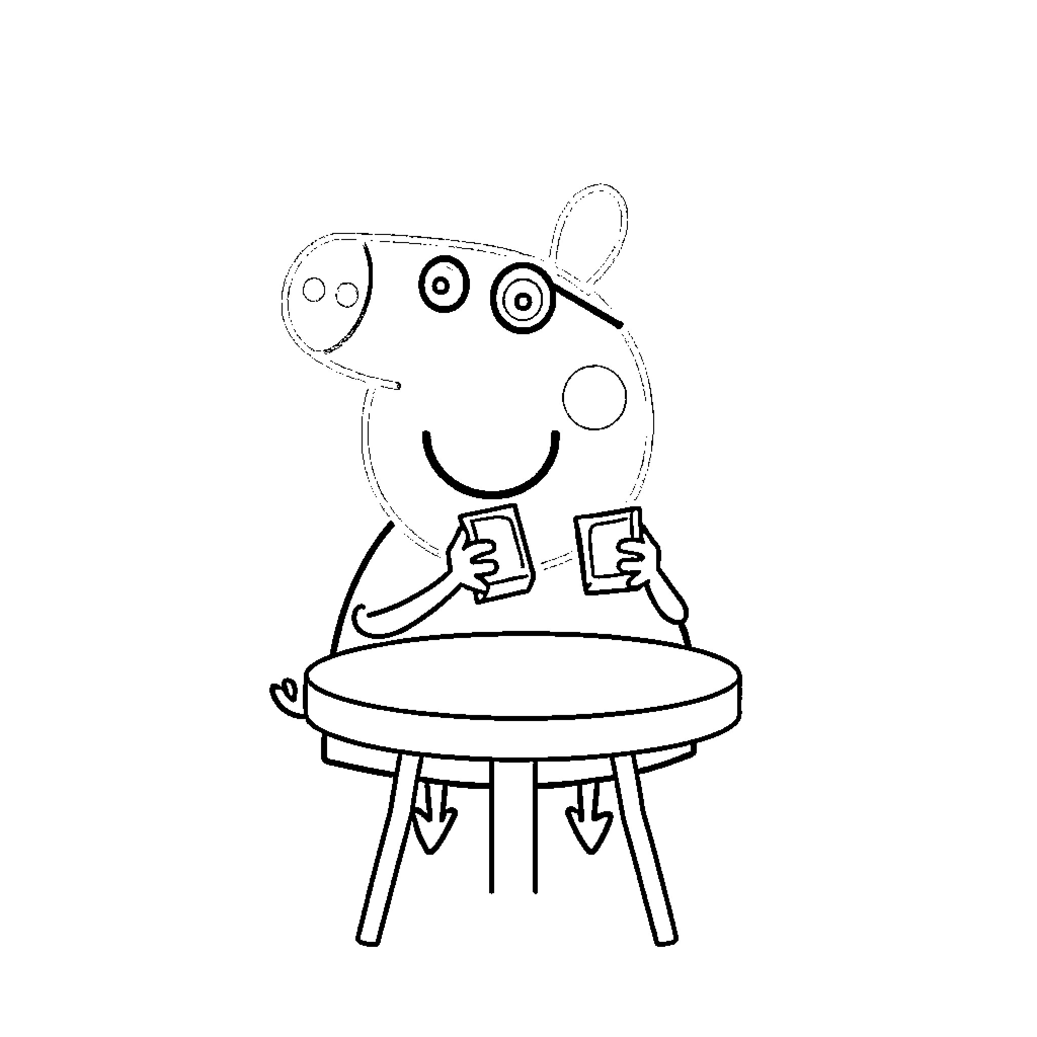 Peppa Pig playing with electronic devices on a table Coloring Page (free black-and-white line drawing printable PDF for all, from beginners to advanced learners, including children, teens, adults, and seniors)