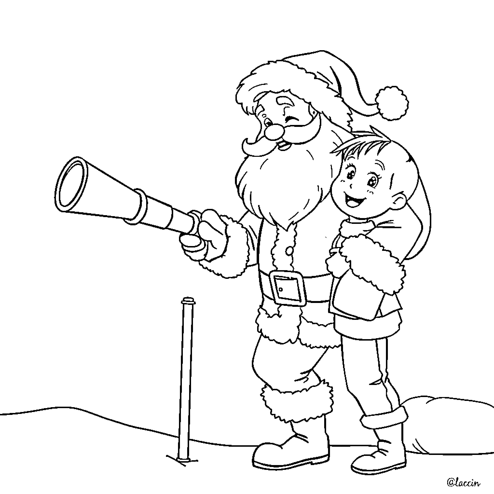 Santa shares a telescope with child Coloring Page (free black-and-white line drawing printable PDF for all, from beginners to advanced learners, including children, teens, adults, and seniors)