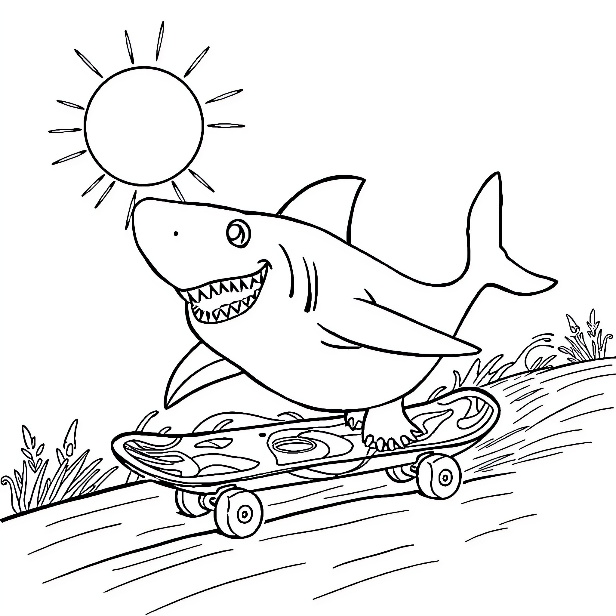 Shark riding skateboard in the sun Coloring Page (free black-and-white line drawing printable PDF for all, from beginners to advanced learners, including children, teens, adults, and seniors)