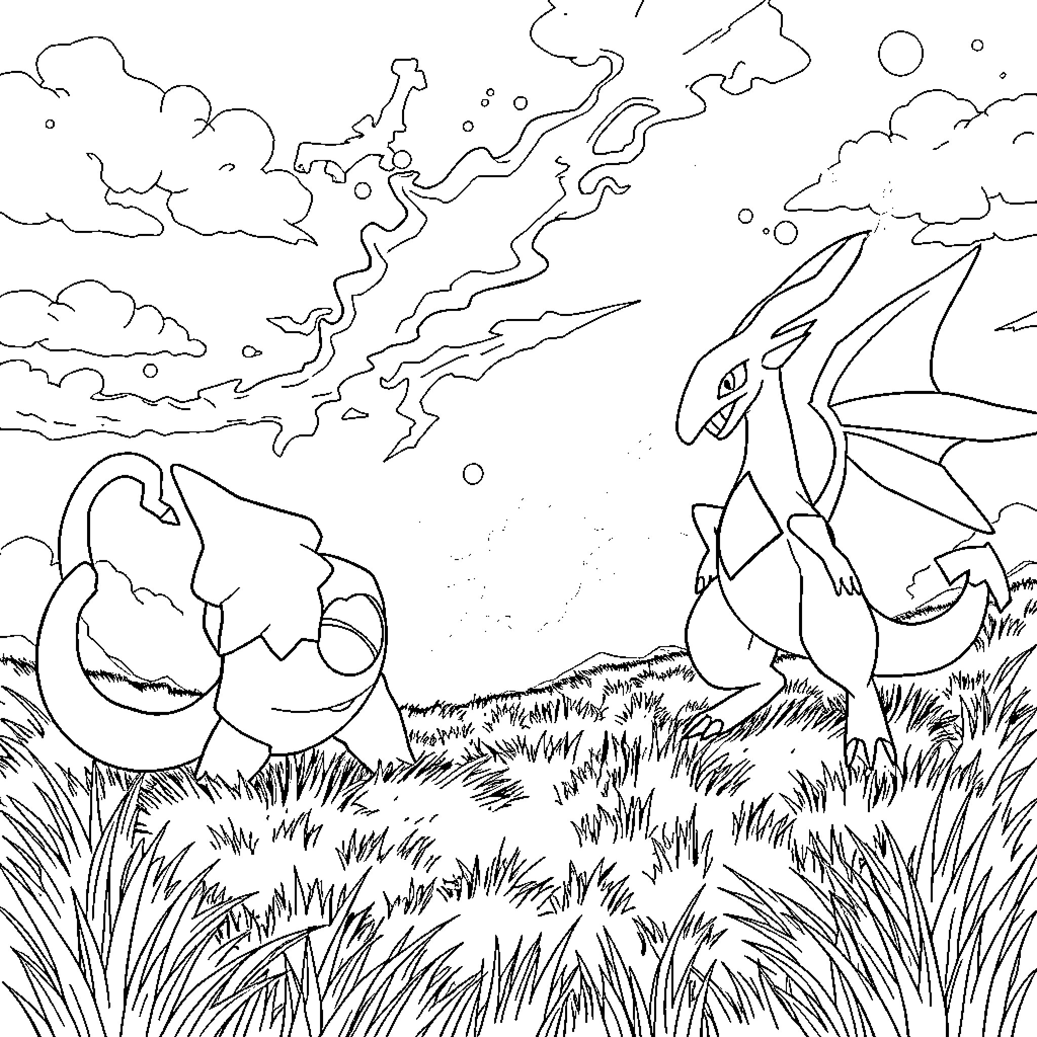 Pokémon dragons fighting in the grassland Coloring Page (free black-and-white line drawing printable PDF for all, from beginners to advanced learners, including children, teens, adults, and seniors)