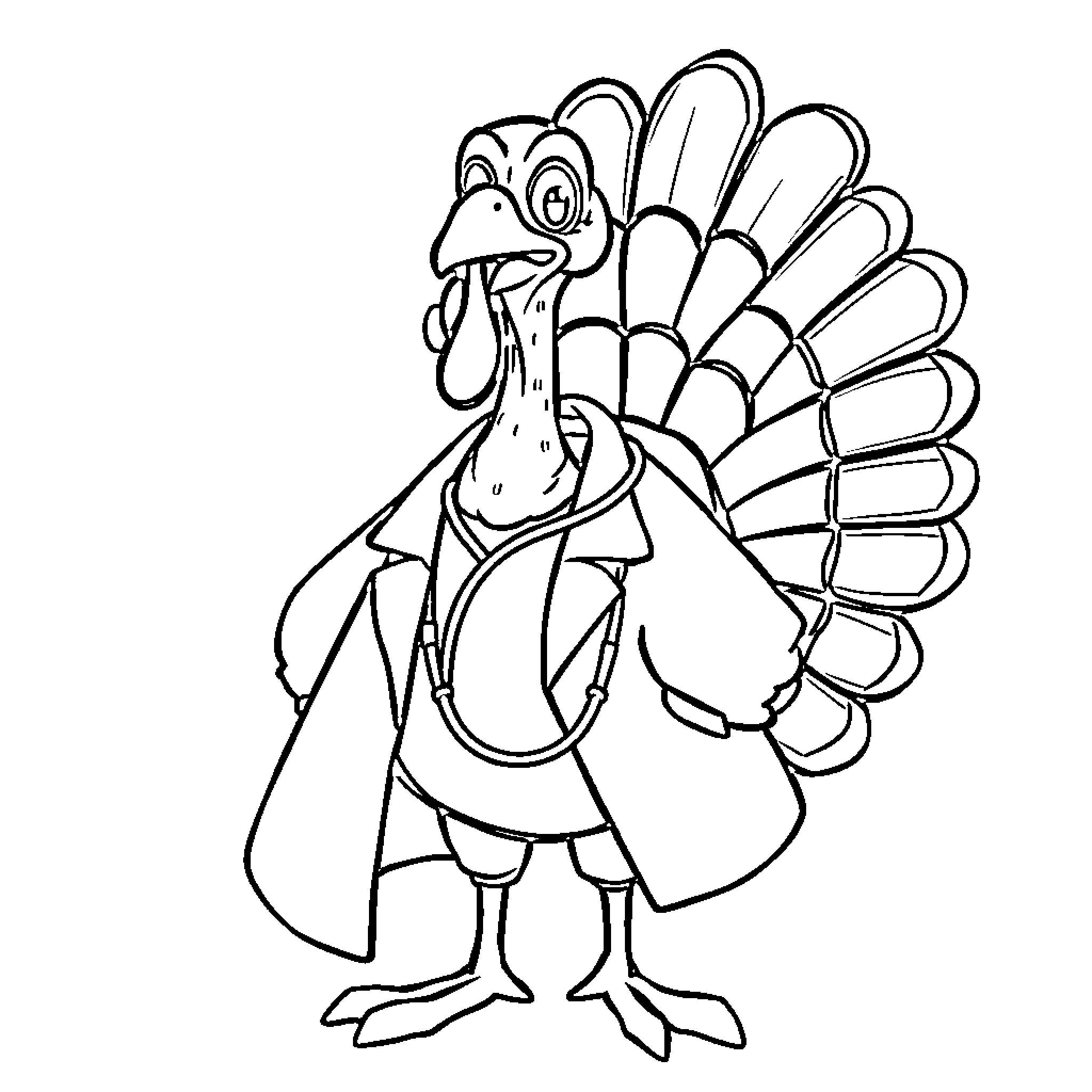 Turkey character wearing a cape and standing proudly Coloring Page (free black-and-white line drawing printable PDF for all, from beginners to advanced learners, including children, teens, adults, and seniors)