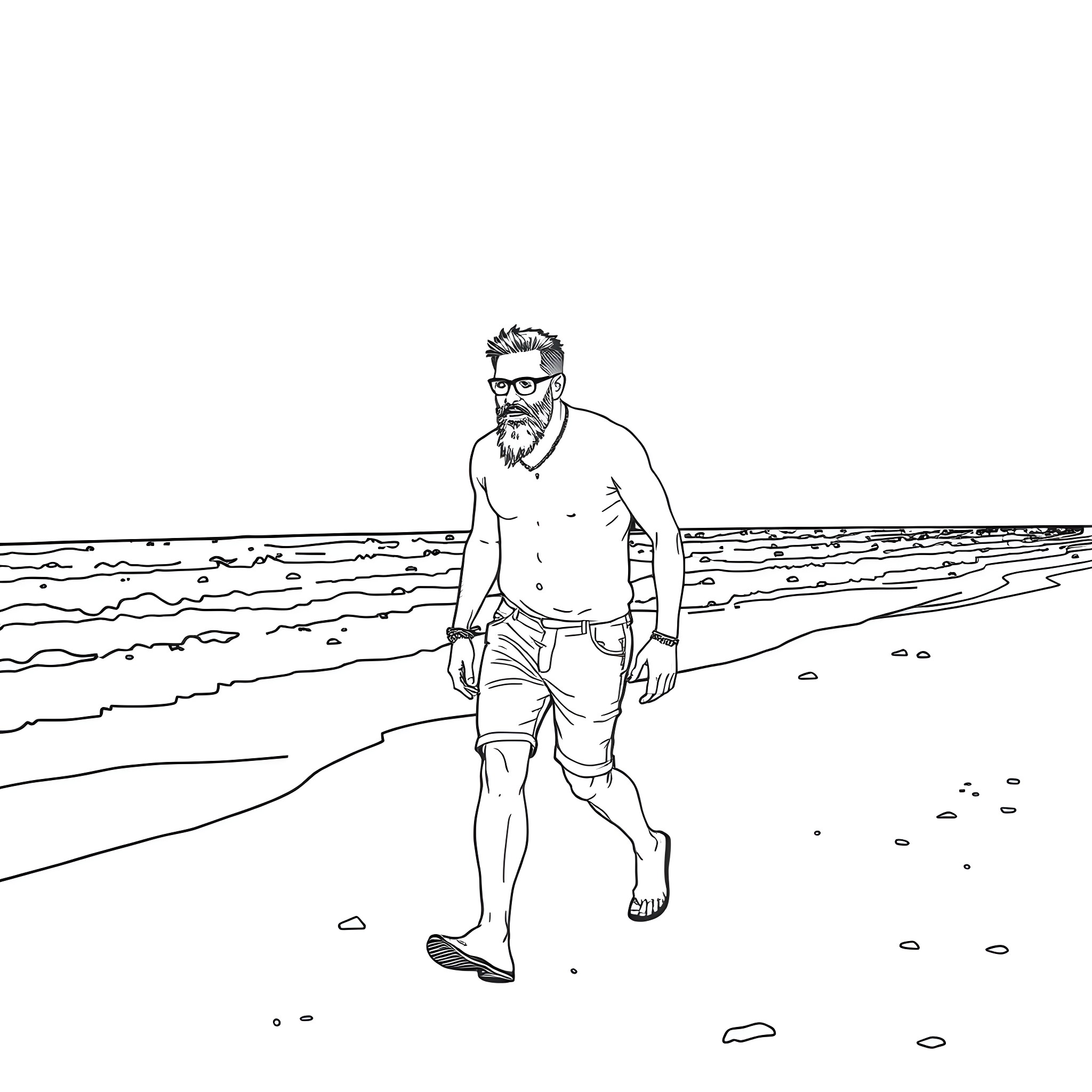 James Hetfield walking along the beach Coloring Page (free black-and-white line drawing printable PDF for all, from beginners to advanced learners, including children, teens, adults, and seniors)