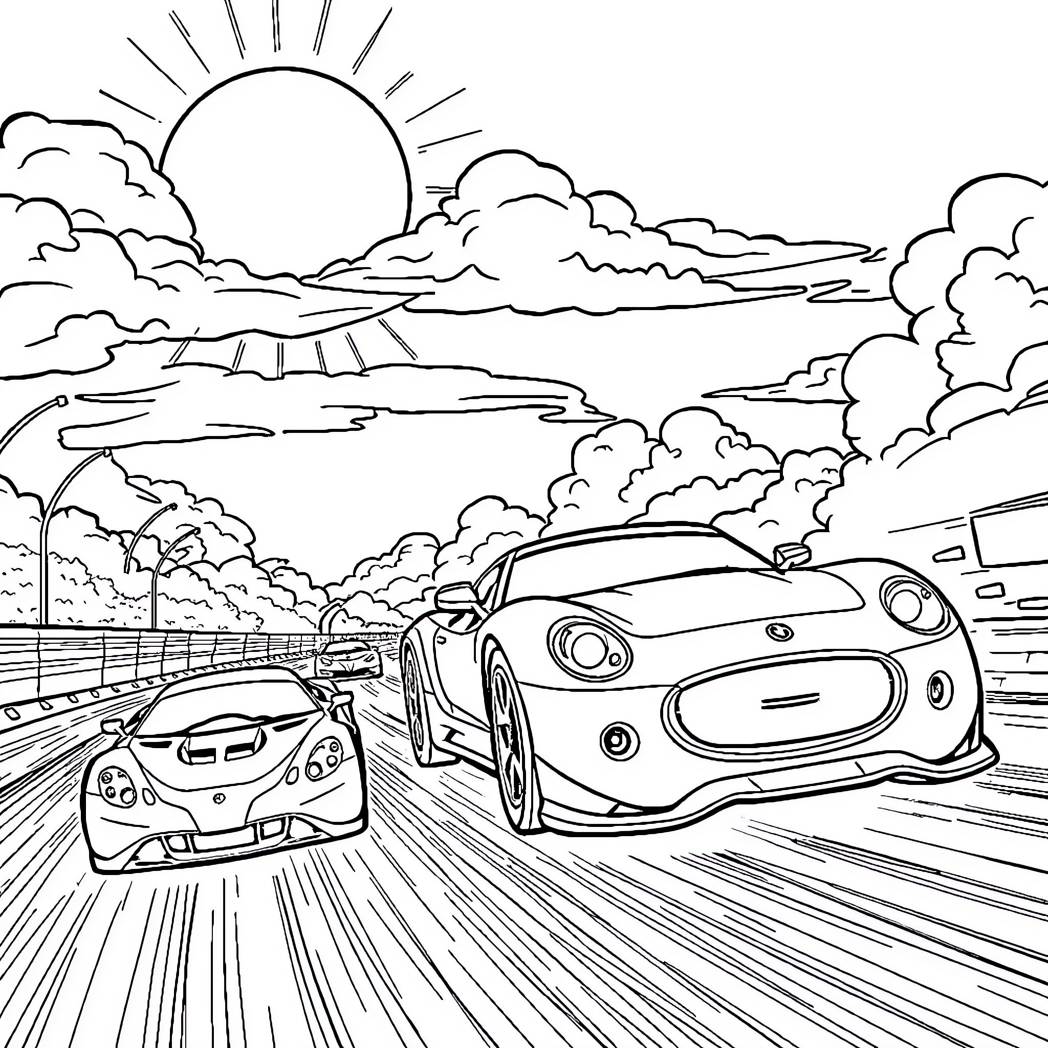Cars racing on the open road Coloring Page (free black-and-white line drawing printable PDF for all, from beginners to advanced learners, including children, teens, adults, and seniors)