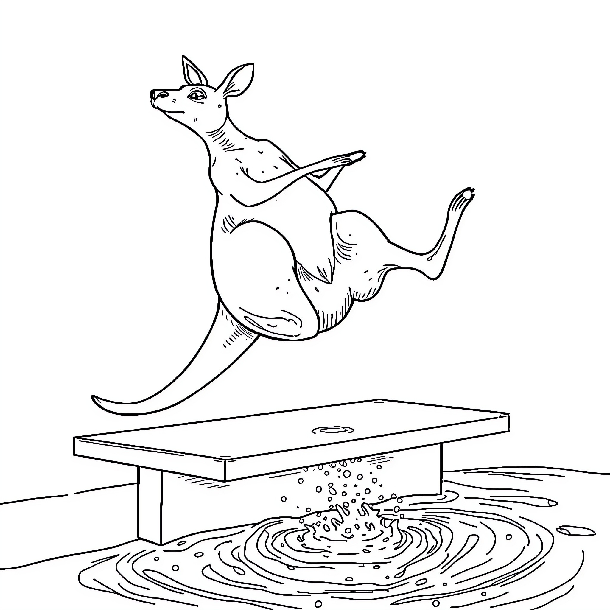Kangaroo jumping on a trampoline in water Coloring Page (free black-and-white line drawing printable PDF for all, from beginners to advanced learners, including children, teens, adults, and seniors)