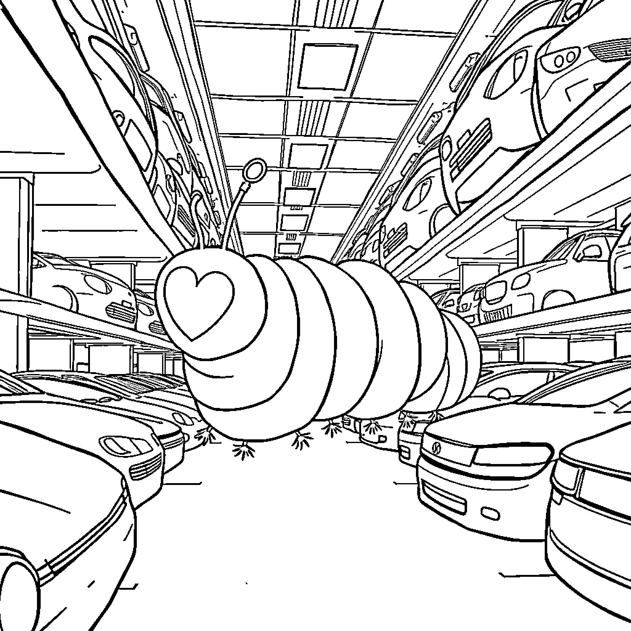 Caterpillar exploring a bustling supermarket Coloring Page (free black-and-white line drawing printable PDF for all, from beginners to advanced learners, including children, teens, adults, and seniors)