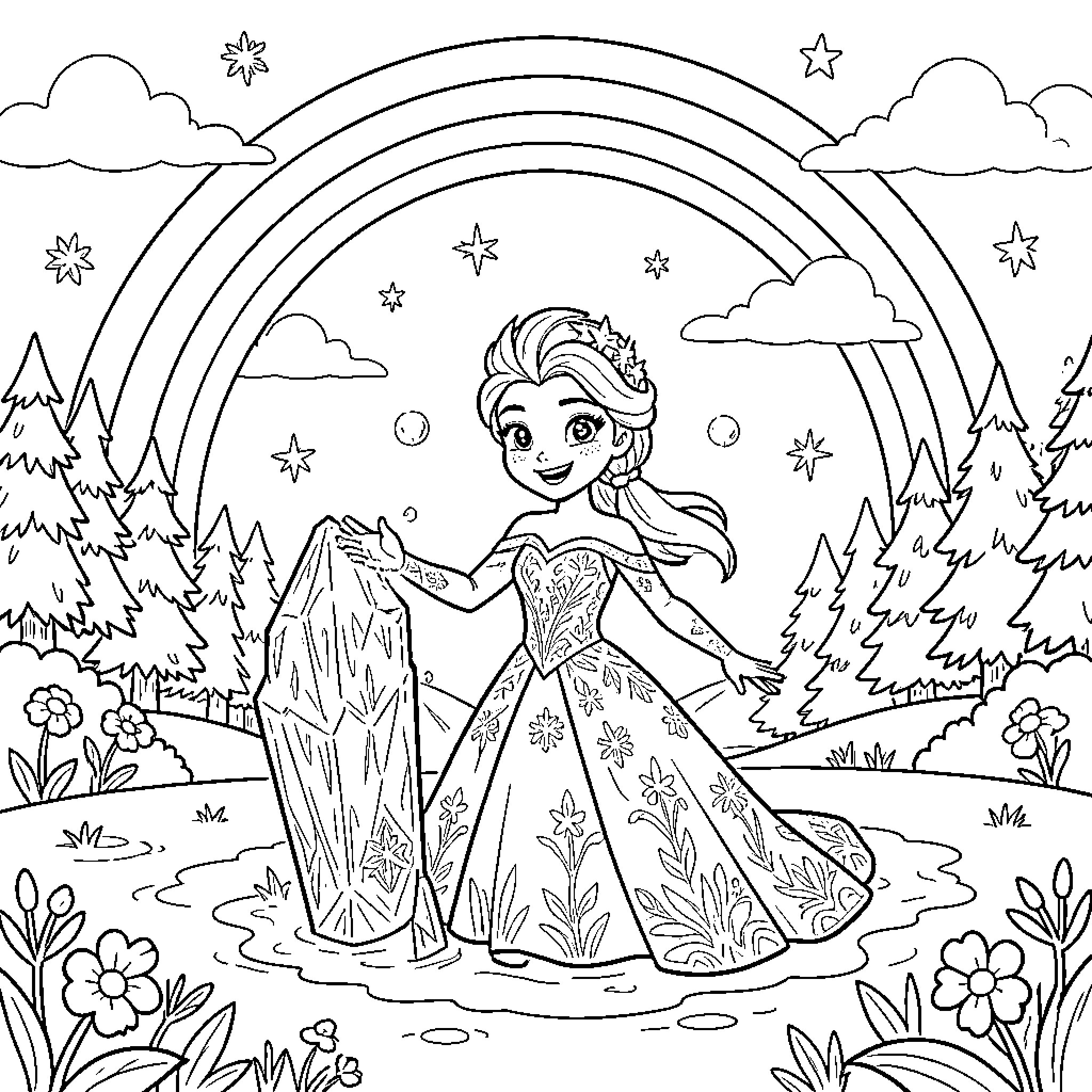 Elsa standing near a large crystal under a rainbow Coloring Page (free black-and-white line drawing printable PDF for all, from beginners to advanced learners, including children, teens, adults, and seniors)