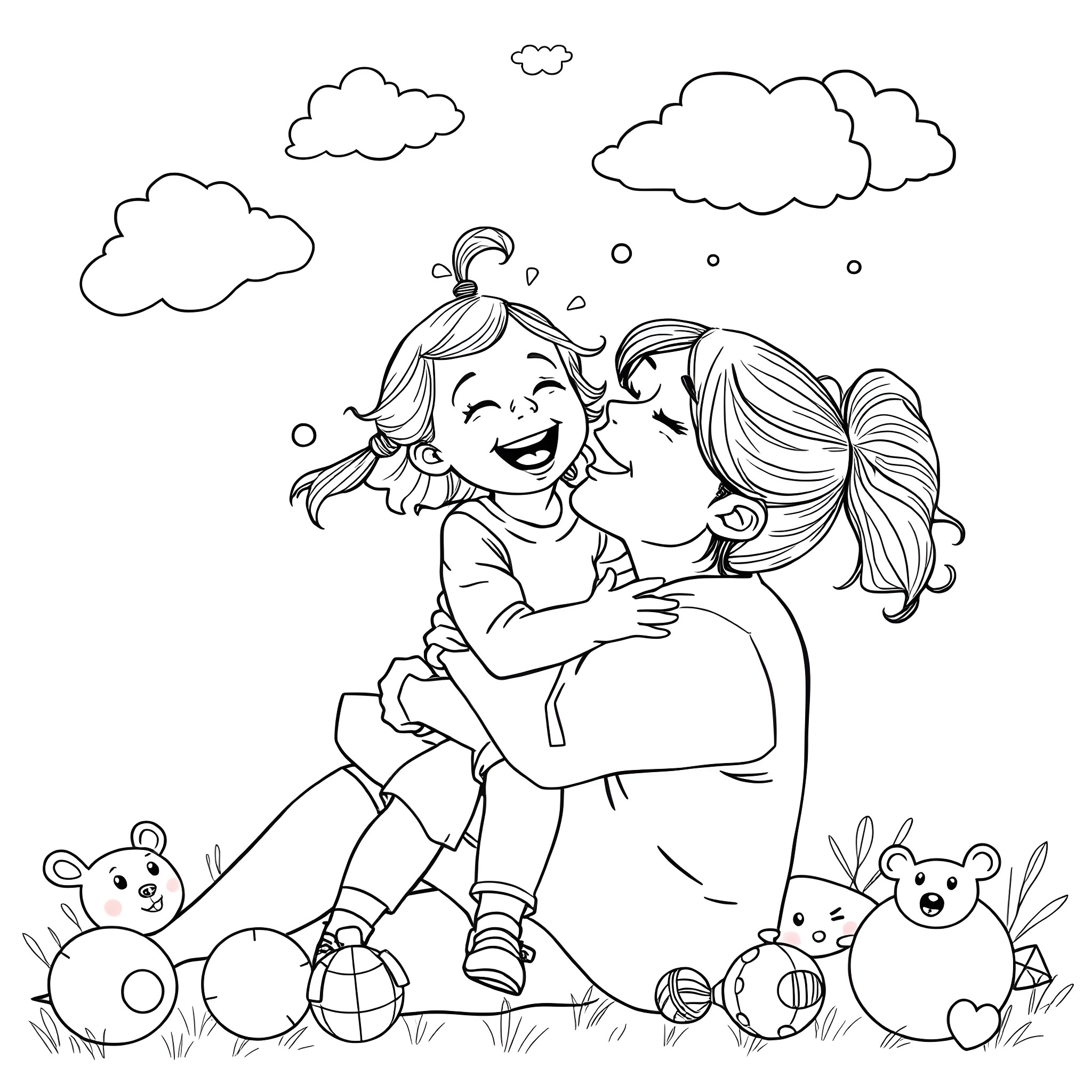 Girl hugging her mother happily in the park Coloring Page (free black-and-white line drawing printable PDF for all, from beginners to advanced learners, including children, teens, adults, and seniors)