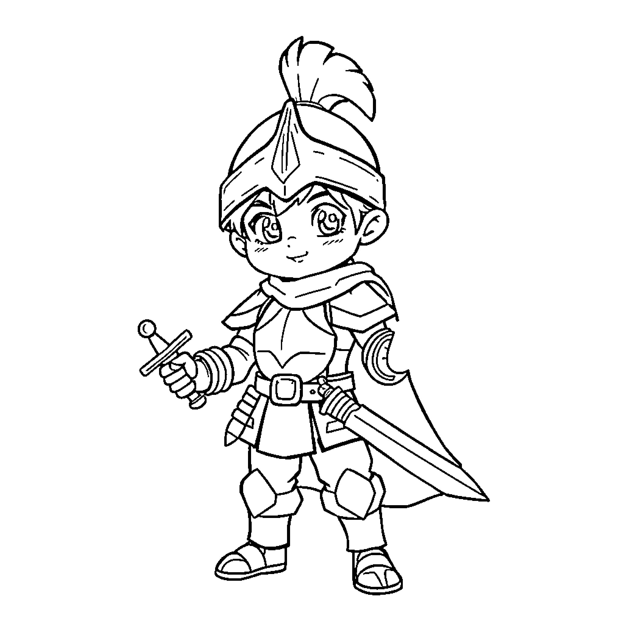 Boy wearing knight armor and wielding sword Coloring Page (free black-and-white line drawing printable PDF for all, from beginners to advanced learners, including children, teens, adults, and seniors)