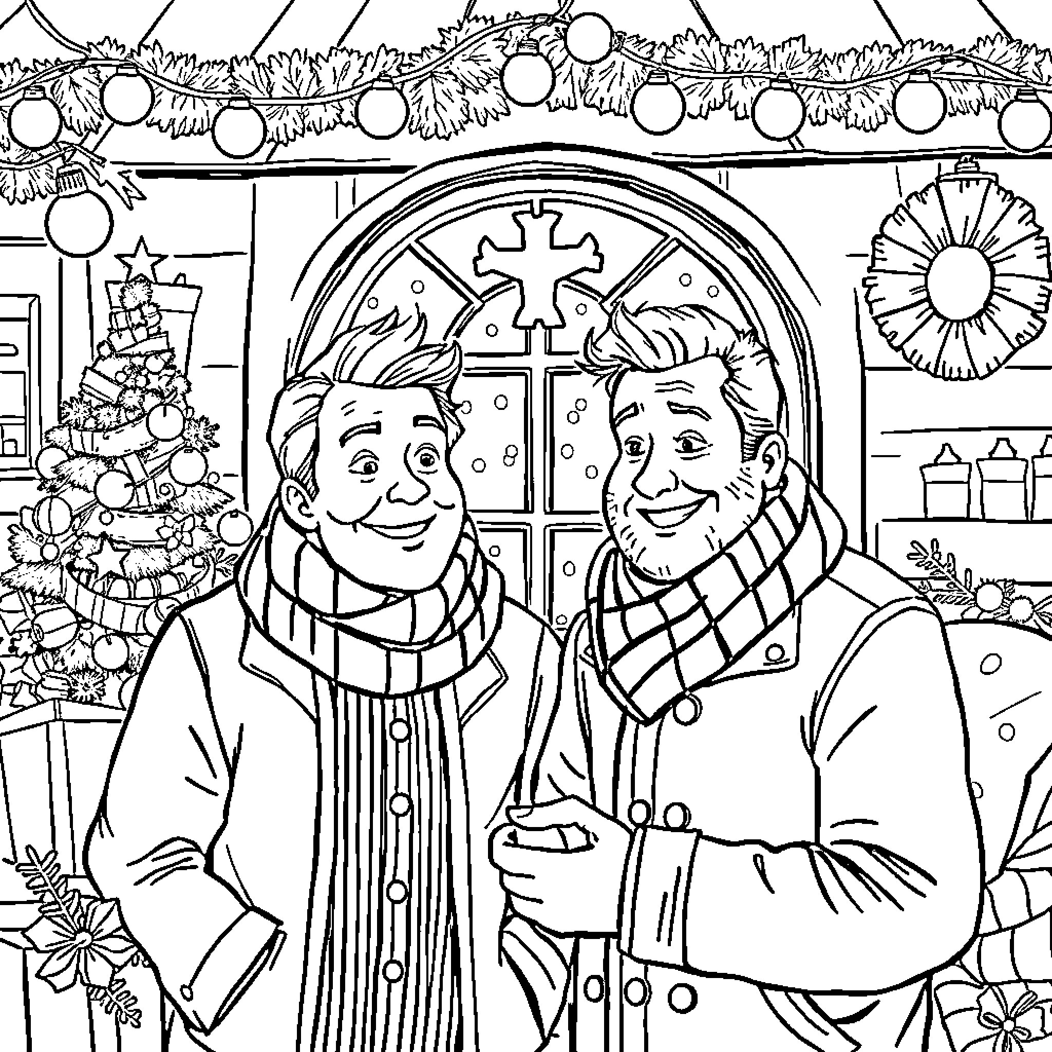 Max Balegde's two friends celebrate Christmas together Coloring Page (free black-and-white line drawing printable PDF for all, from beginners to advanced learners, including children, teens, adults, and seniors)