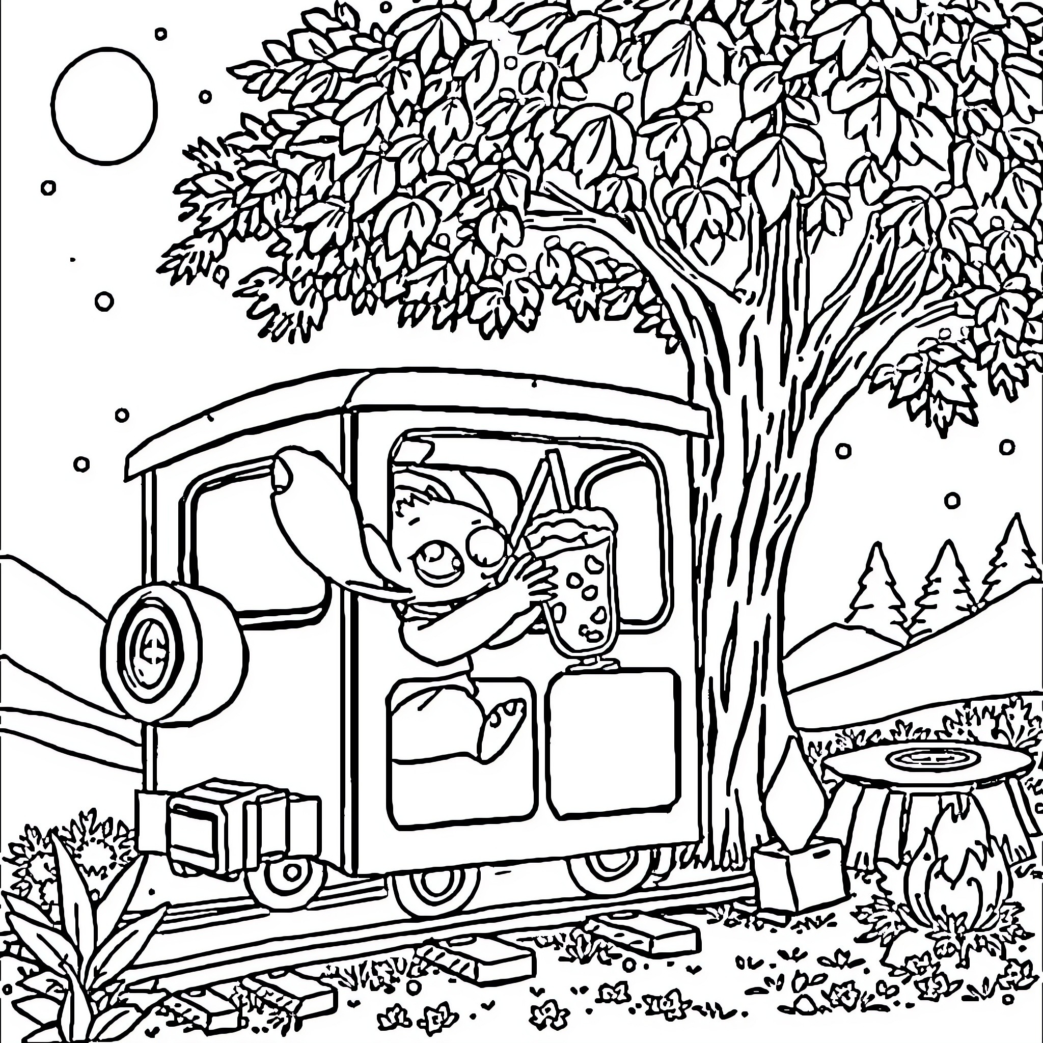 Stitch rides an old truck in the countryside Coloring Page (free black-and-white line drawing printable PDF for all, from beginners to advanced learners, including children, teens, adults, and seniors)