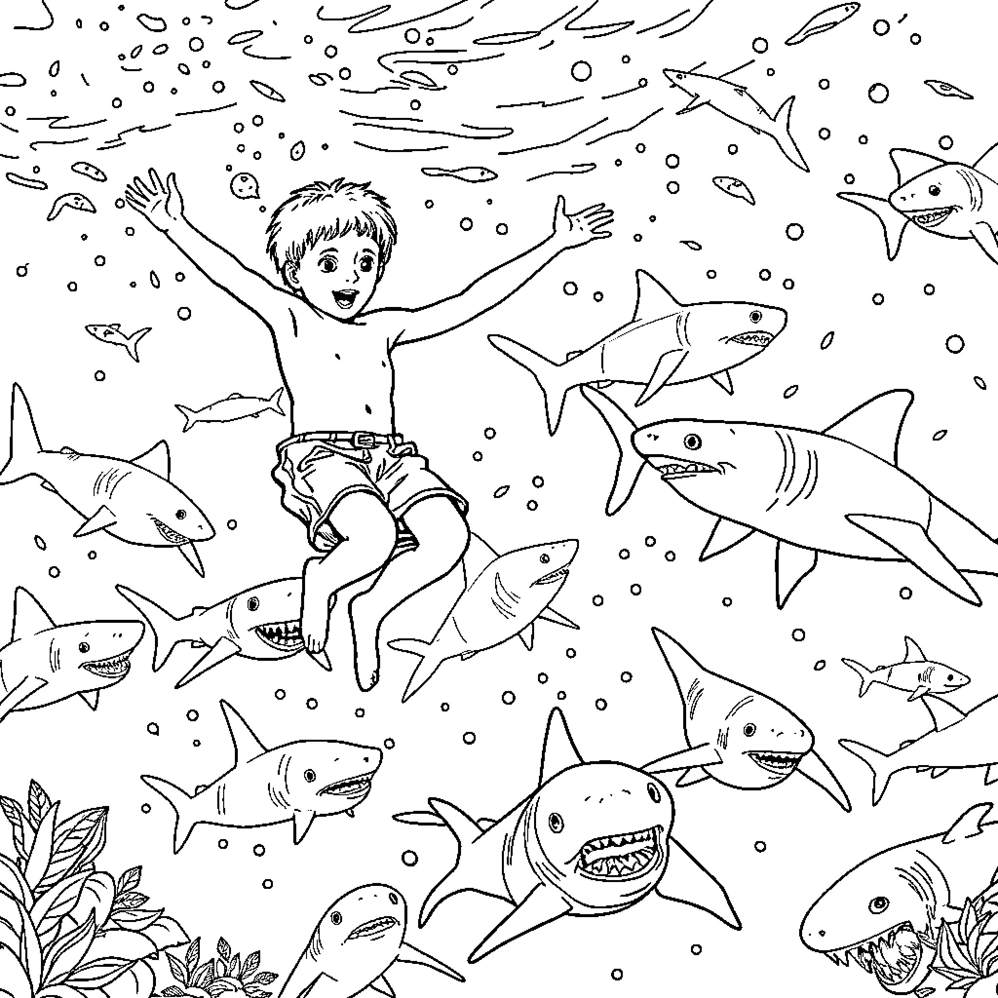 Boy diving joyfully among sharks and underwater creatures Coloring Page (free black-and-white line drawing printable PDF for all, from beginners to advanced learners, including children, teens, adults, and seniors)